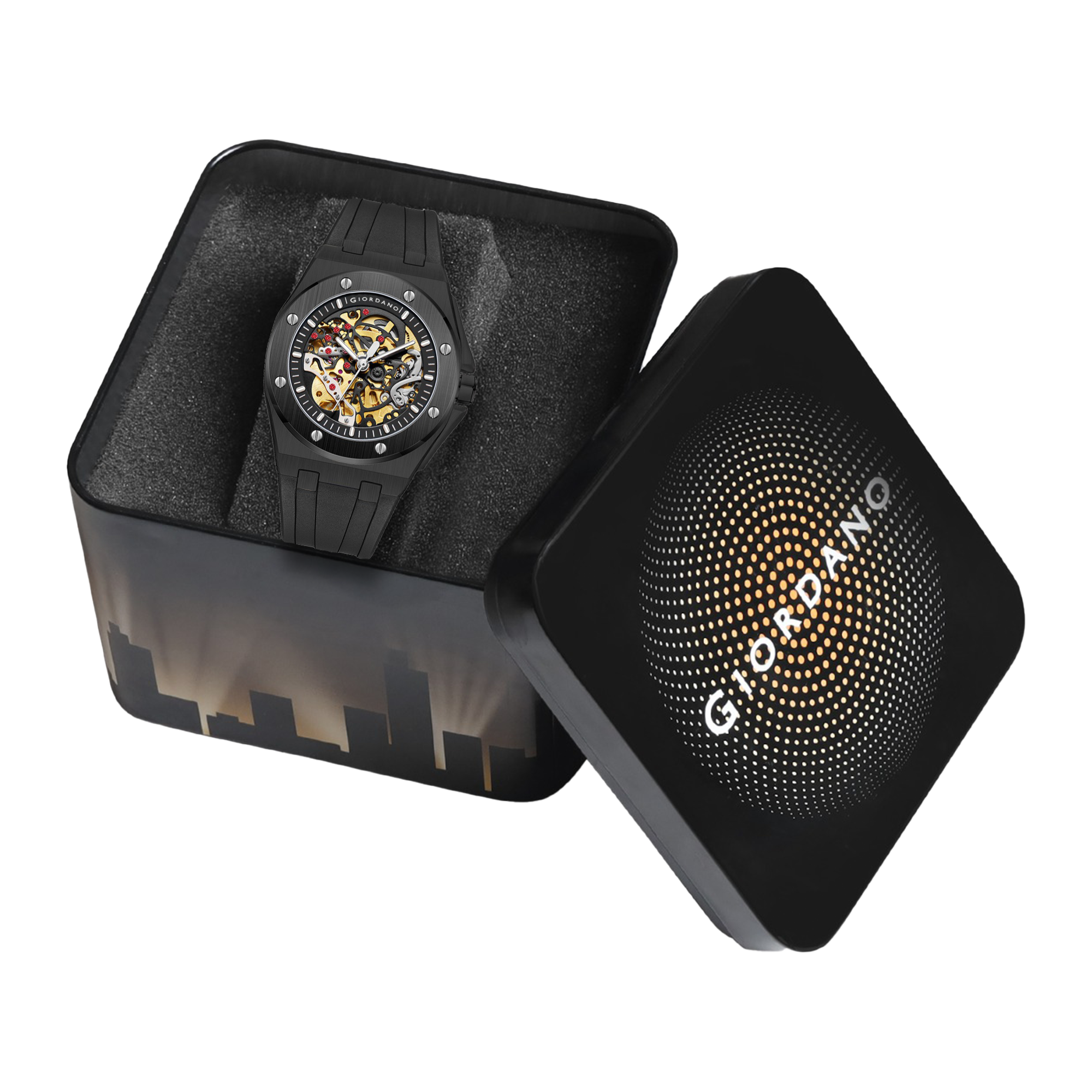 Giordano Automatic Watch for Men – Mechanical Skeleton Dial,Transparent Gear Display, Silicon Strap | GZ-50129-01