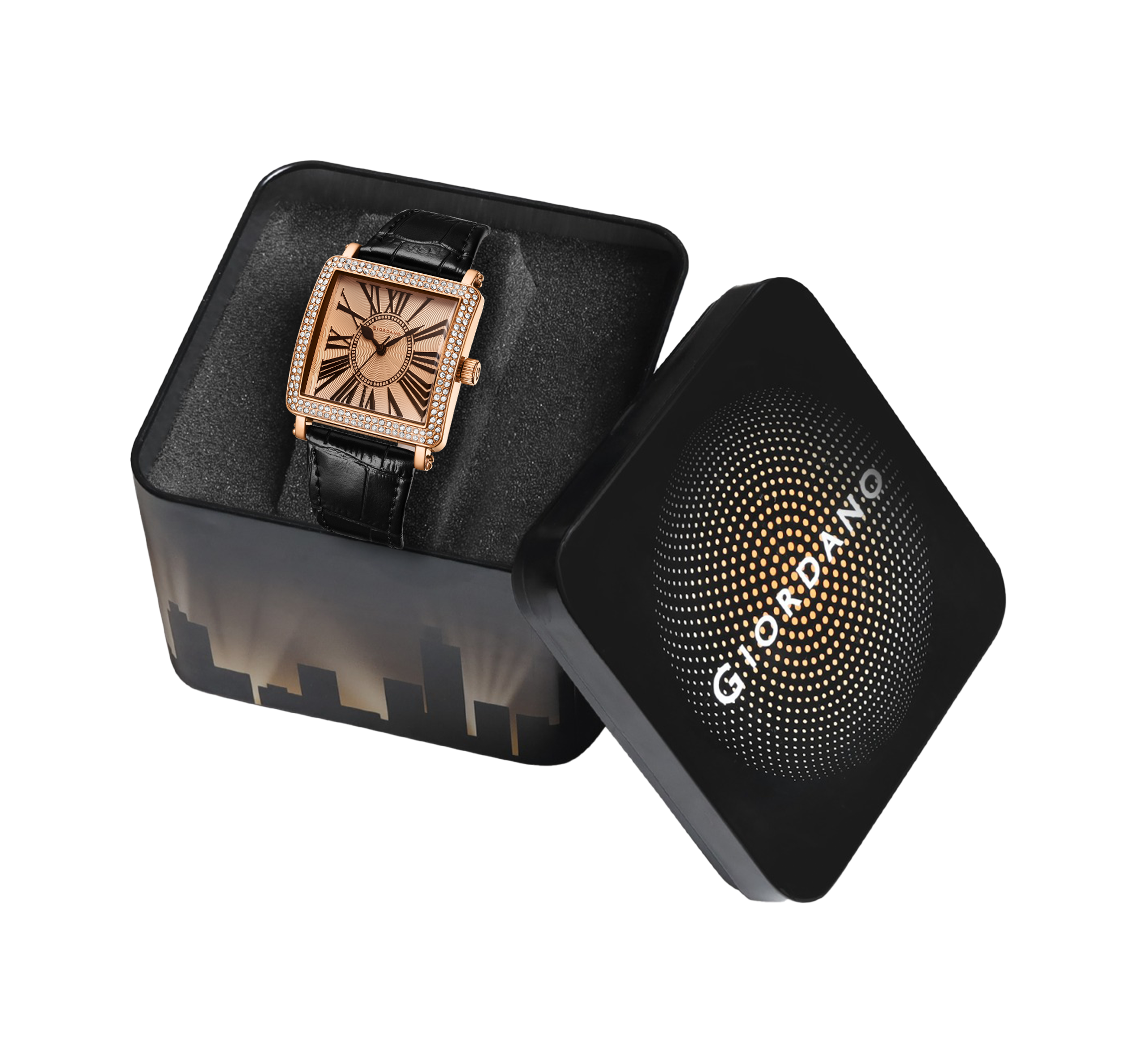 Giordano Elegant Watch for women Crystal-Studded Square Dial,  Leather Band,  Roman Numeral Dial-GZ-60091-01