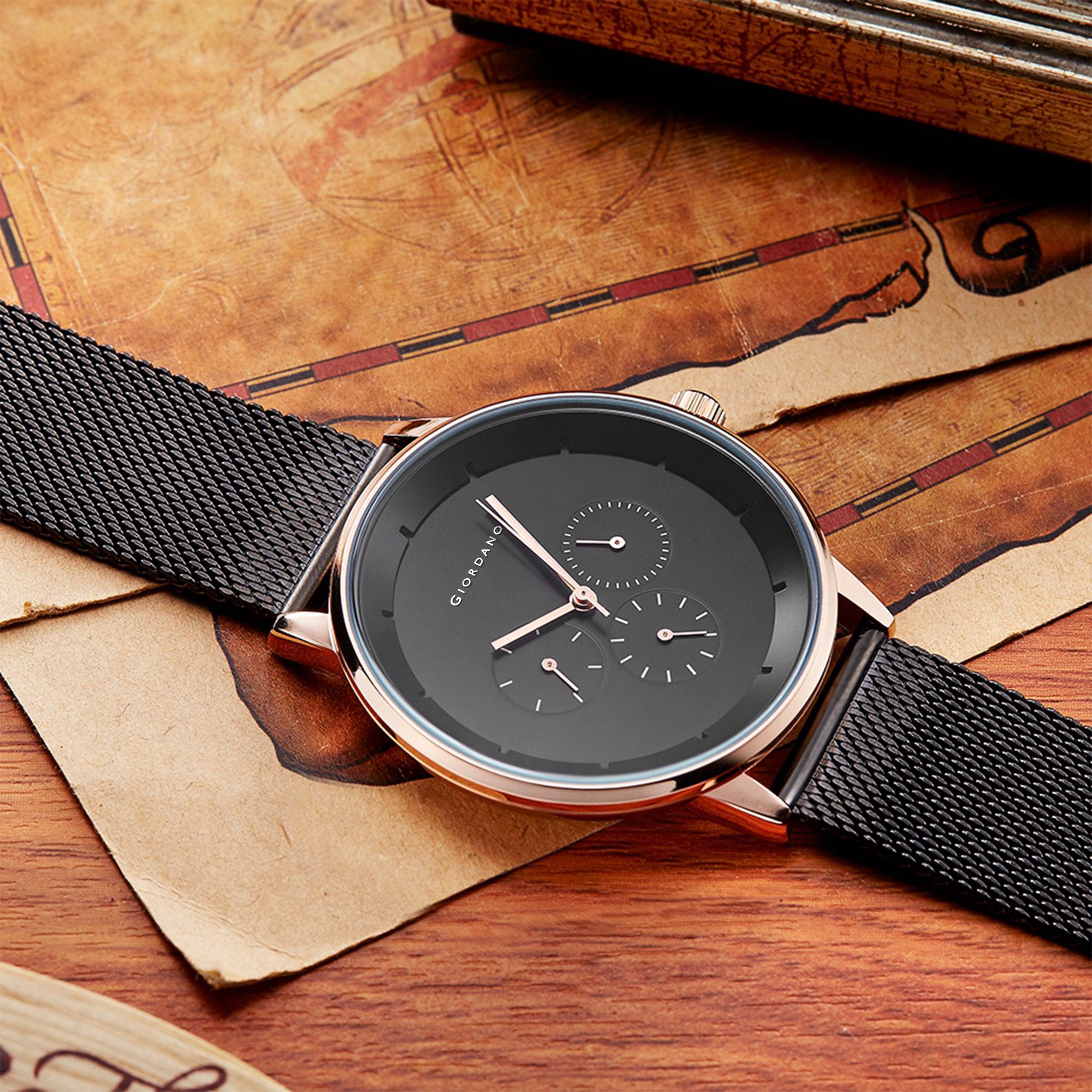 Giordano Skyscrapper Collection Multi-Function Rose Gold Watch for Man with White Dial and Rose Gold Metal Mesh Strap Wrist Watches for Men, with Classy Mesh Band | GZ-50005-33