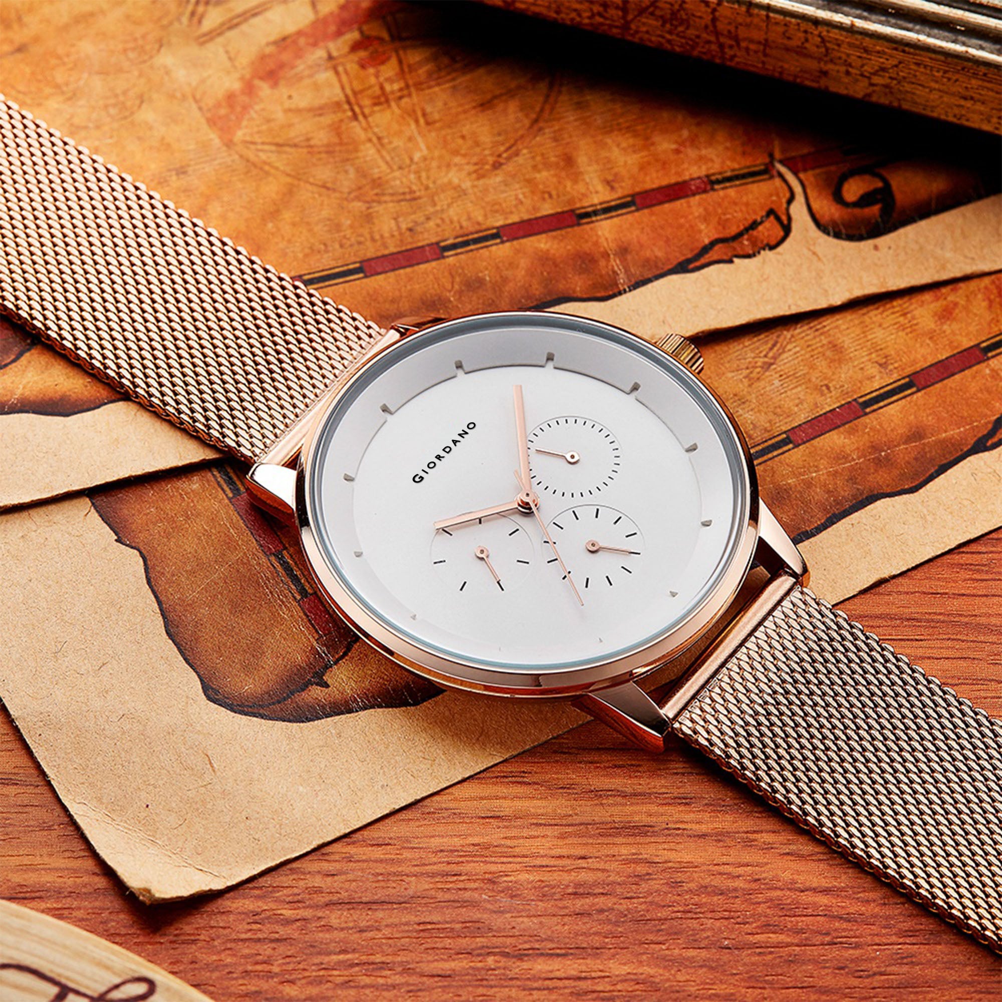 Giordano Skyscrapper Collection Multi-Function Rose Gold Watch for Man with White Dial and Rose Gold Metal Mesh Strap Wrist Watches for Men, with Classy Mesh Band | GZ-50005-22