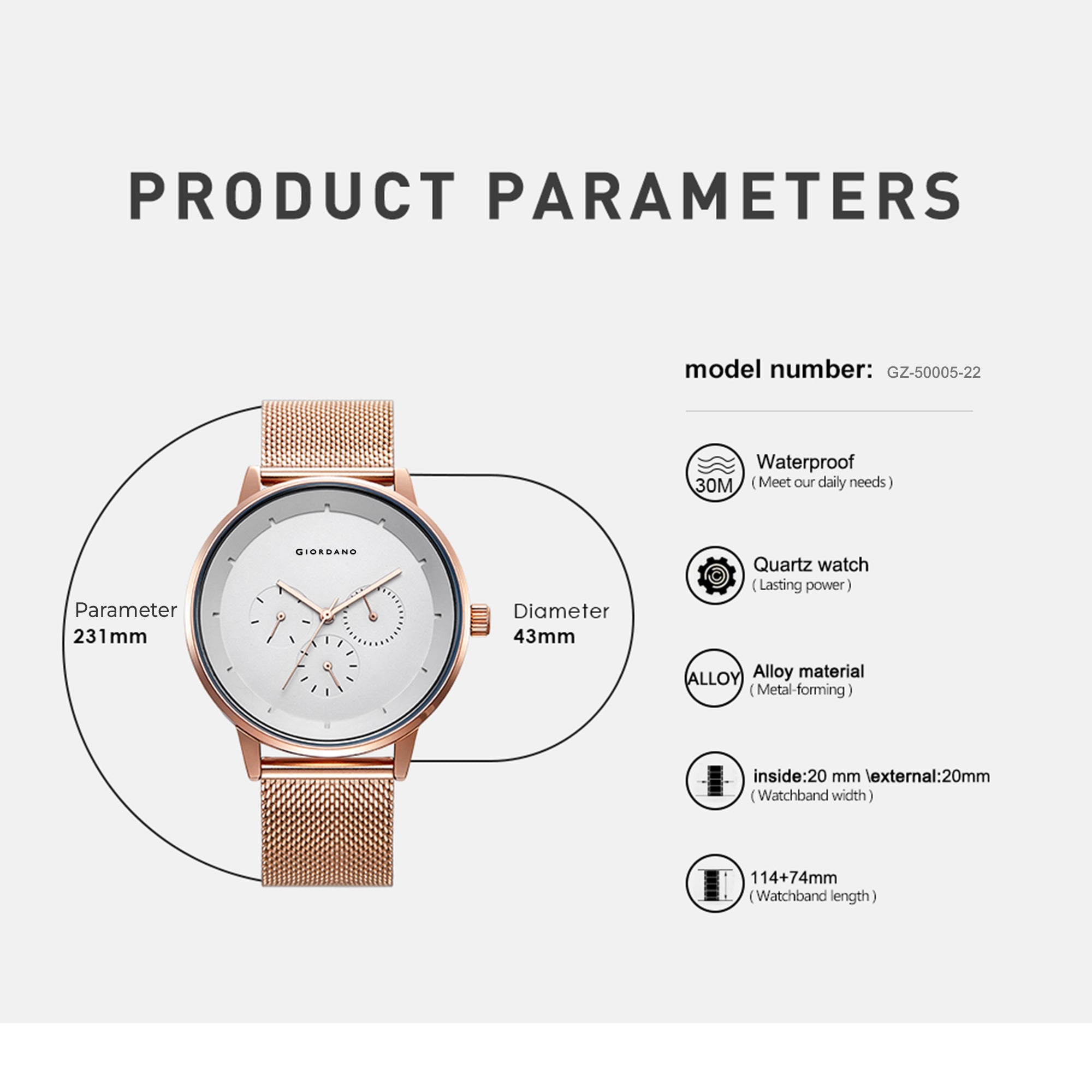 Giordano Skyscrapper Collection Multi-Function Rose Gold Watch for Man with White Dial and Rose Gold Metal Mesh Strap Wrist Watches for Men, with Classy Mesh Band | GZ-50005-22