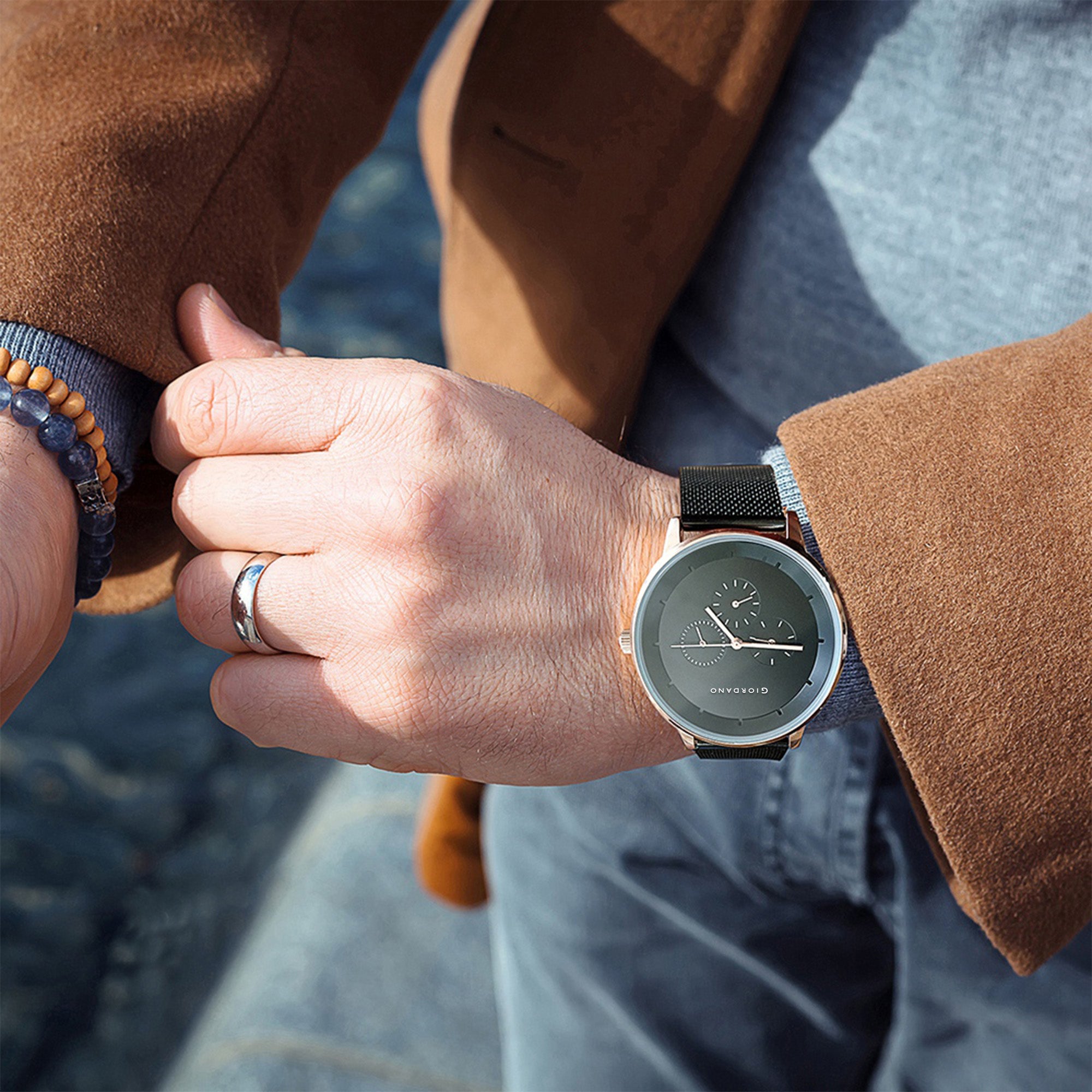 Giordano Skyscrapper Collection Multi-Function Rose Gold Watch for Man with White Dial and Rose Gold Metal Mesh Strap Wrist Watches for Men, with Classy Mesh Band | GZ-50005-33