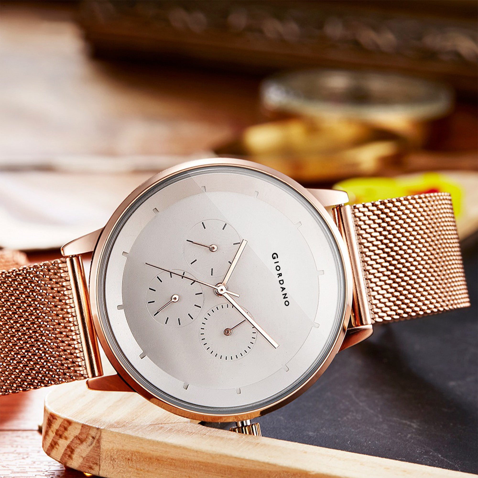 Giordano Skyscrapper Collection Multi-Function Rose Gold Watch for Man with White Dial and Rose Gold Metal Mesh Strap Wrist Watches for Men, with Classy Mesh Band | GZ-50005-22