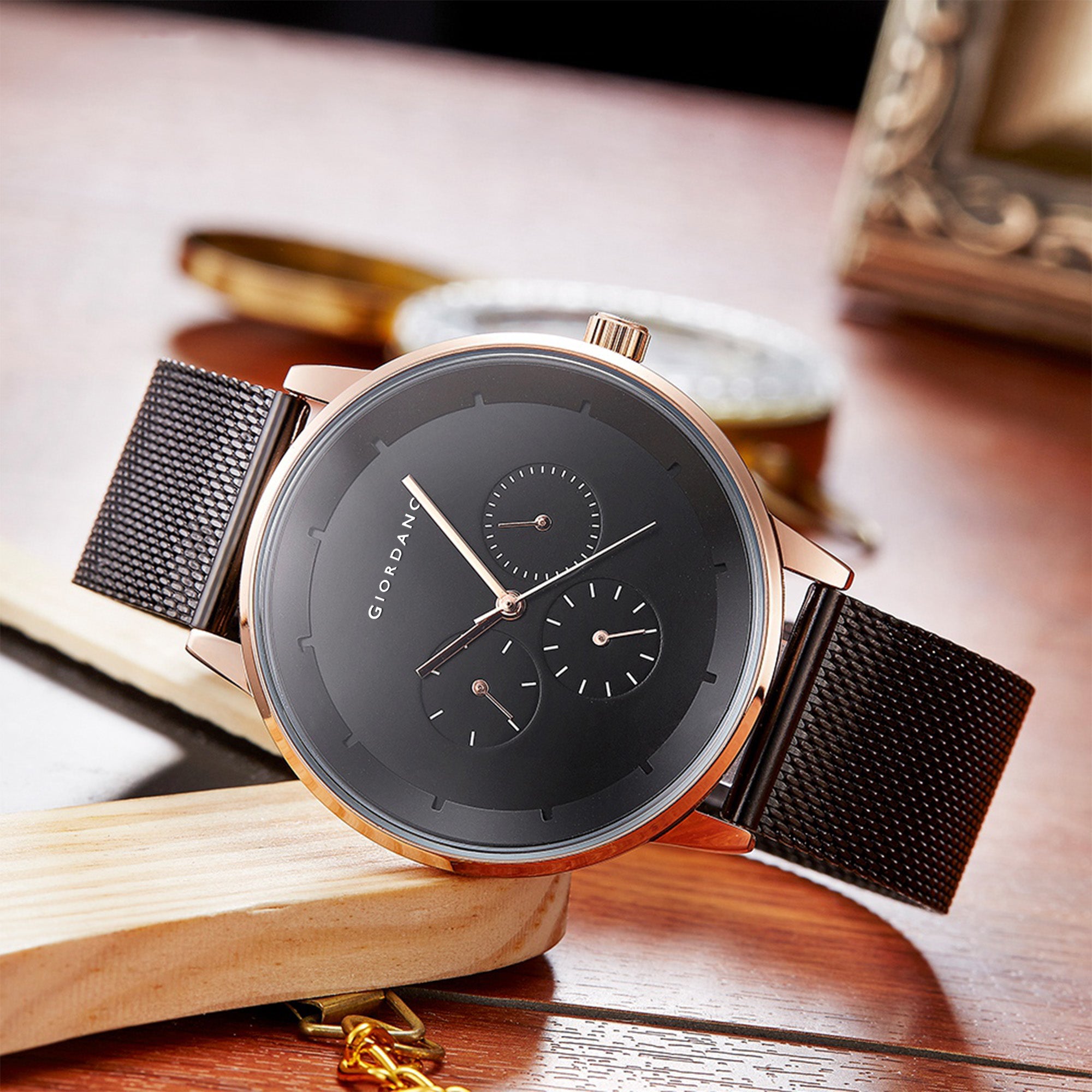 Giordano Skyscrapper Collection Multi-Function Rose Gold Watch for Man with White Dial and Rose Gold Metal Mesh Strap Wrist Watches for Men, with Classy Mesh Band | GZ-50005-33