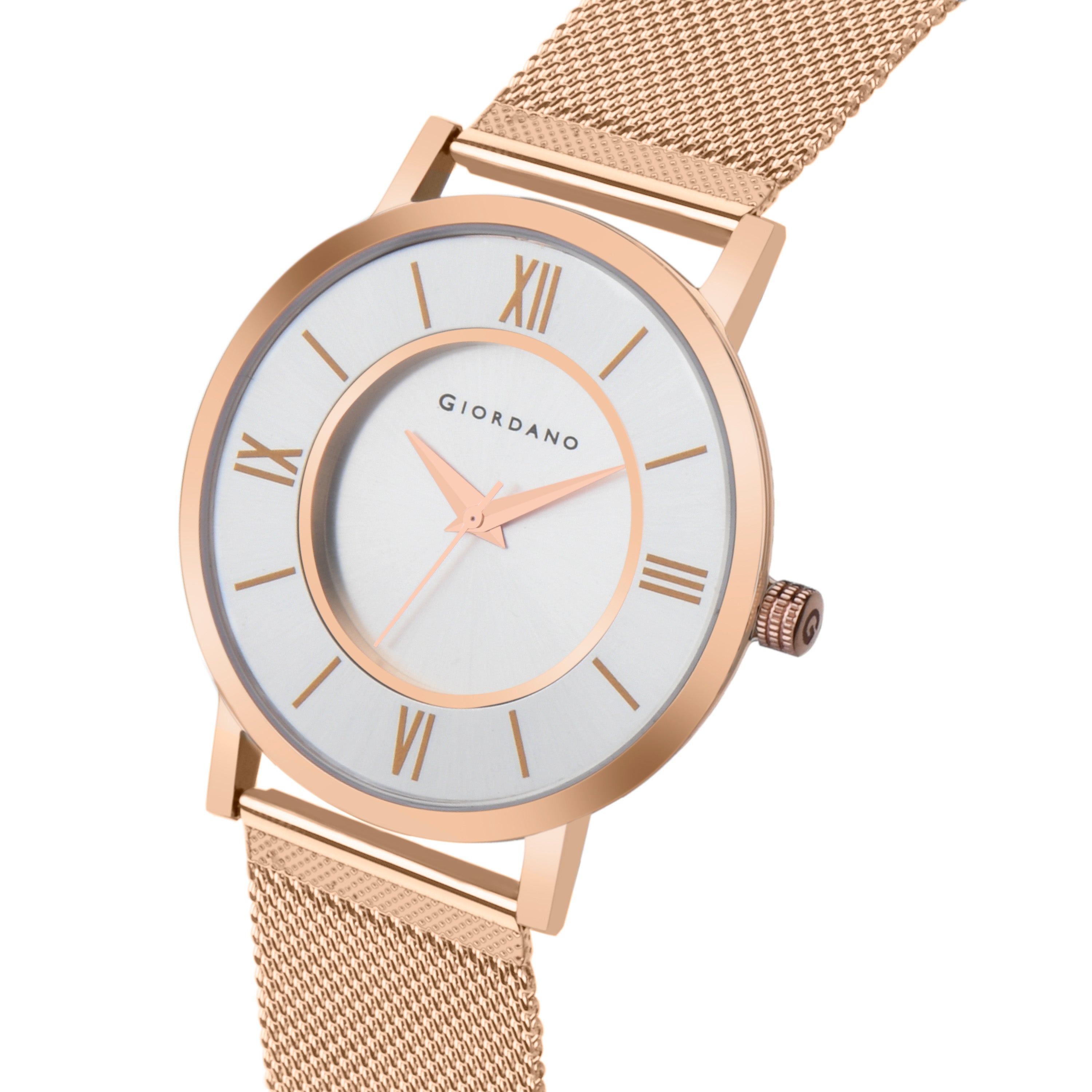 Giordano Rose Gold  Analog Stylish Watch for Couple with Stylish dial with Roman Indicess and mesh Metal Strap GD-1172-SETA-88