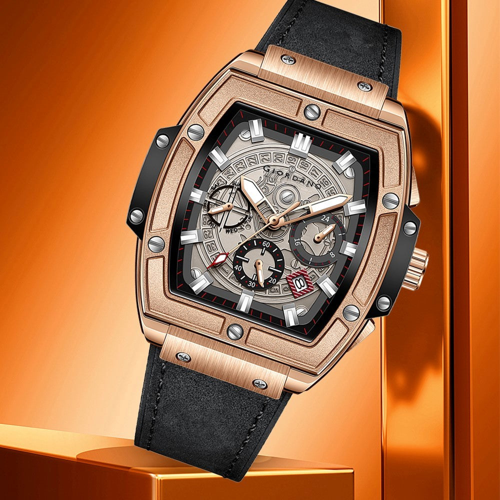Giordano Men's Rose Gold Leather Multifunction Watch - with Day, Date, and 24-Hour Sub-Dials | Water Resistant Square Dial Unique Design Wrist Watch for Man | GZ-50098-02