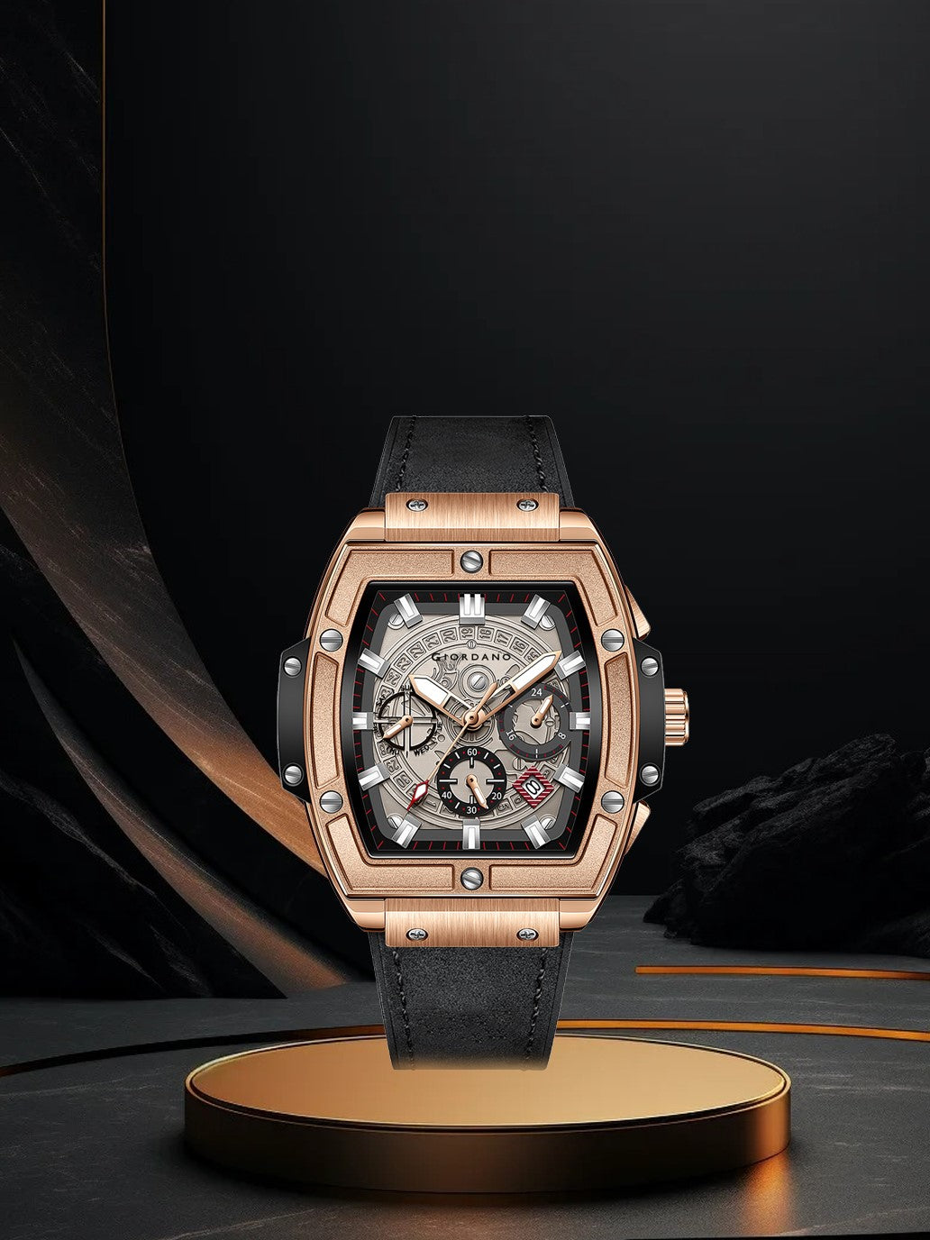 Giordano Terminator Men's Rose Gold Leather Multifunction Watch - with Day, Date, and 24-Hour Sub-Dials | Water Resistant Square Dial Unique Design Wrist Watch for Man | GZ-50098-02