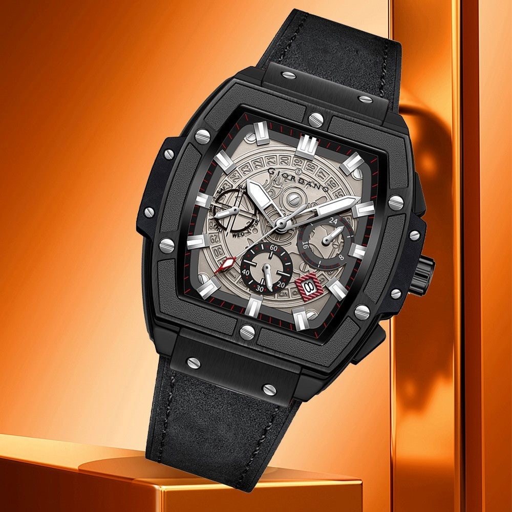 Giordano Men's Black Leather Multifunction Watch - with Day, Date, and 24-Hour Sub-Dials | Water Resistant Square Dial Unique Design Wrist Watch for Man | GZ-50098-03