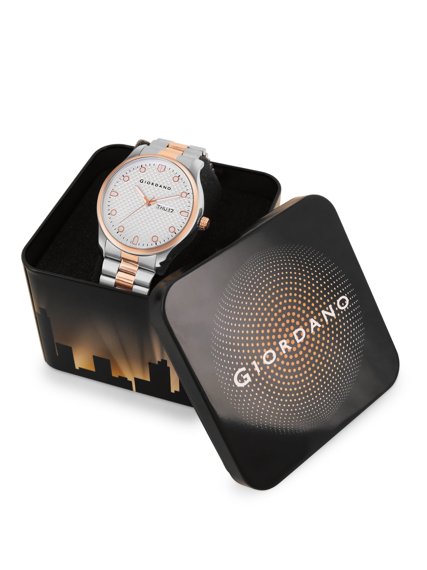 Giordano Analog Watch for Men with Two-Tone Stainless Steel Strap & Textured Dial, Day-Date Display, Elegant Casual Style | GZ-50122-33