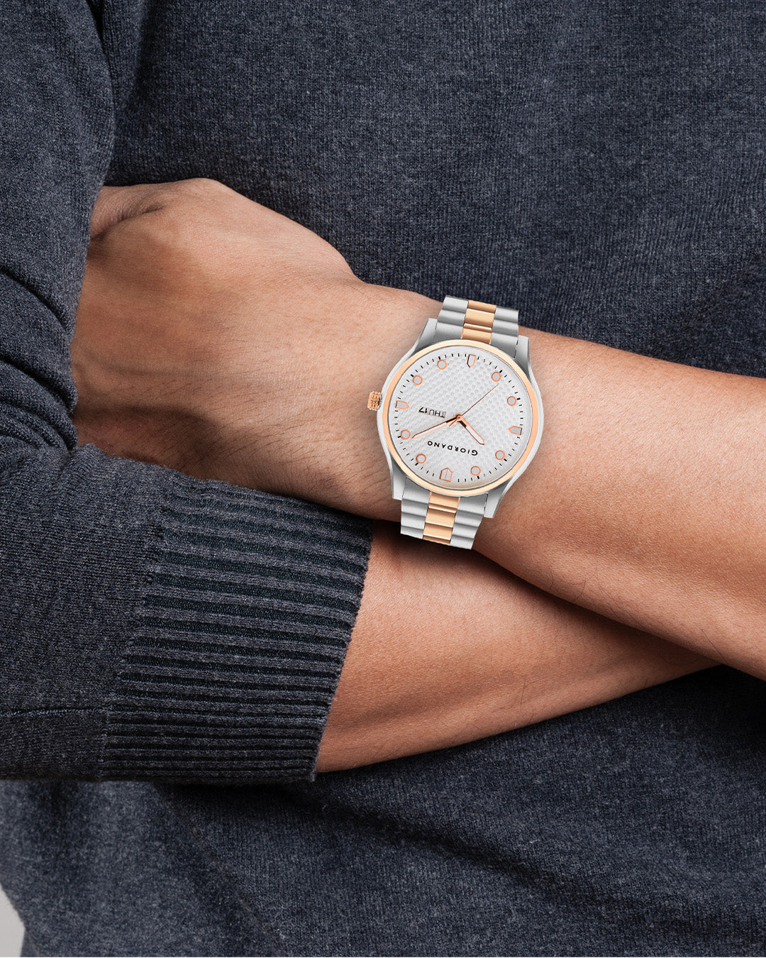 Giordano Analog Watch for Men with Two-Tone Stainless Steel Strap & Textured Dial, Day-Date Display, Elegant Casual Style | GZ-50122-33