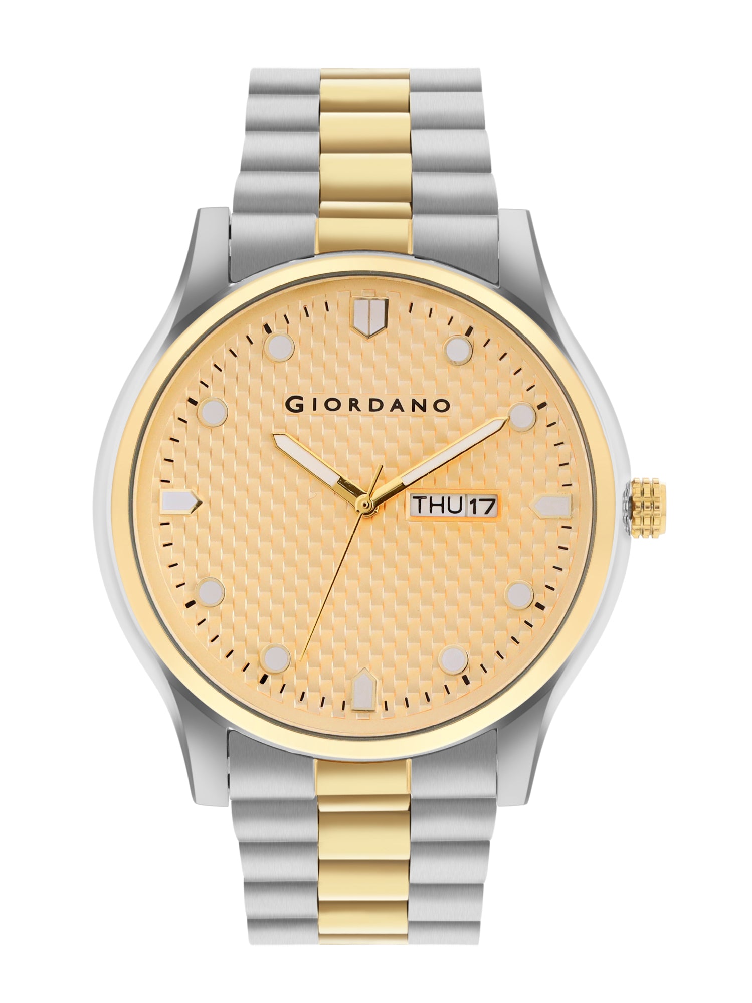 Giordano Analog Watch for Men with Two-Tone Stainless Steel Strap & Textured Dial, Day-Date Display, Elegant Casual Style | GZ-50122-44