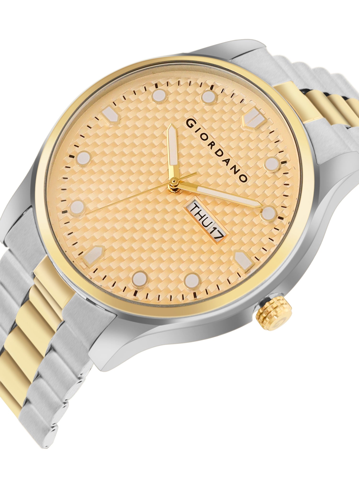 Giordano Analog Watch for Men with Two-Tone Stainless Steel Strap & Textured Dial, Day-Date Display, Elegant Casual Style | GZ-50122-44