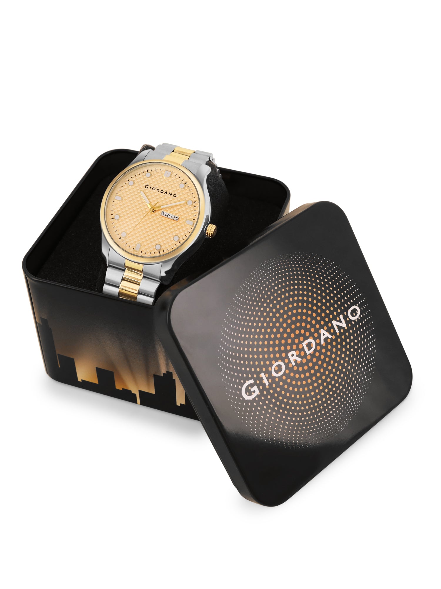Giordano Analog Watch for Men with Two-Tone Stainless Steel Strap & Textured Dial, Day-Date Display, Elegant Casual Style | GZ-50122-44