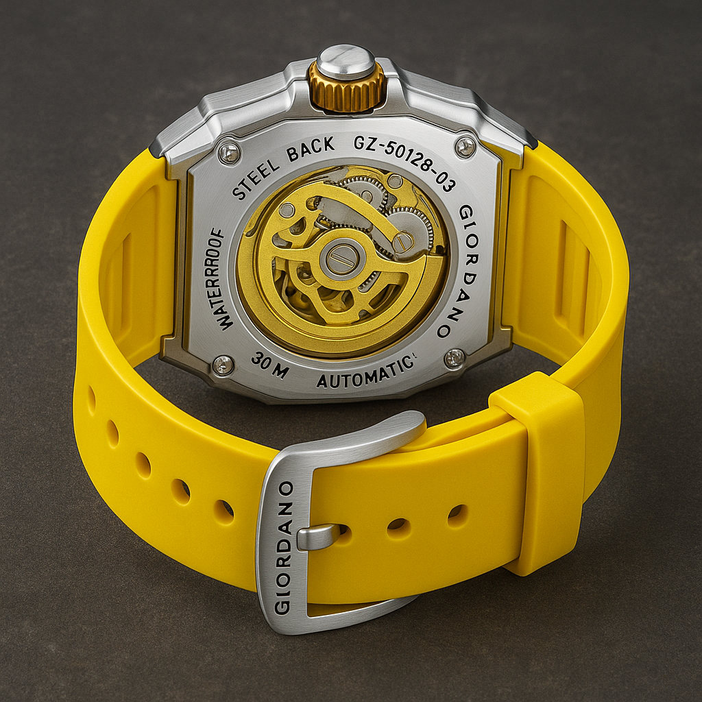 Giordano Luxury Automatic Watch for Men – Mechanical Skeleton Dial, Dual Gear Display,Silicon Strap | GZ-50128-03