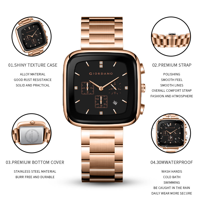 Giordano Square Face Watch for Men – Multifunction Dial with Date Display, Sleek Stainless Steel Strap, Modern Design for Everyday Elegance | GZ-50162-55