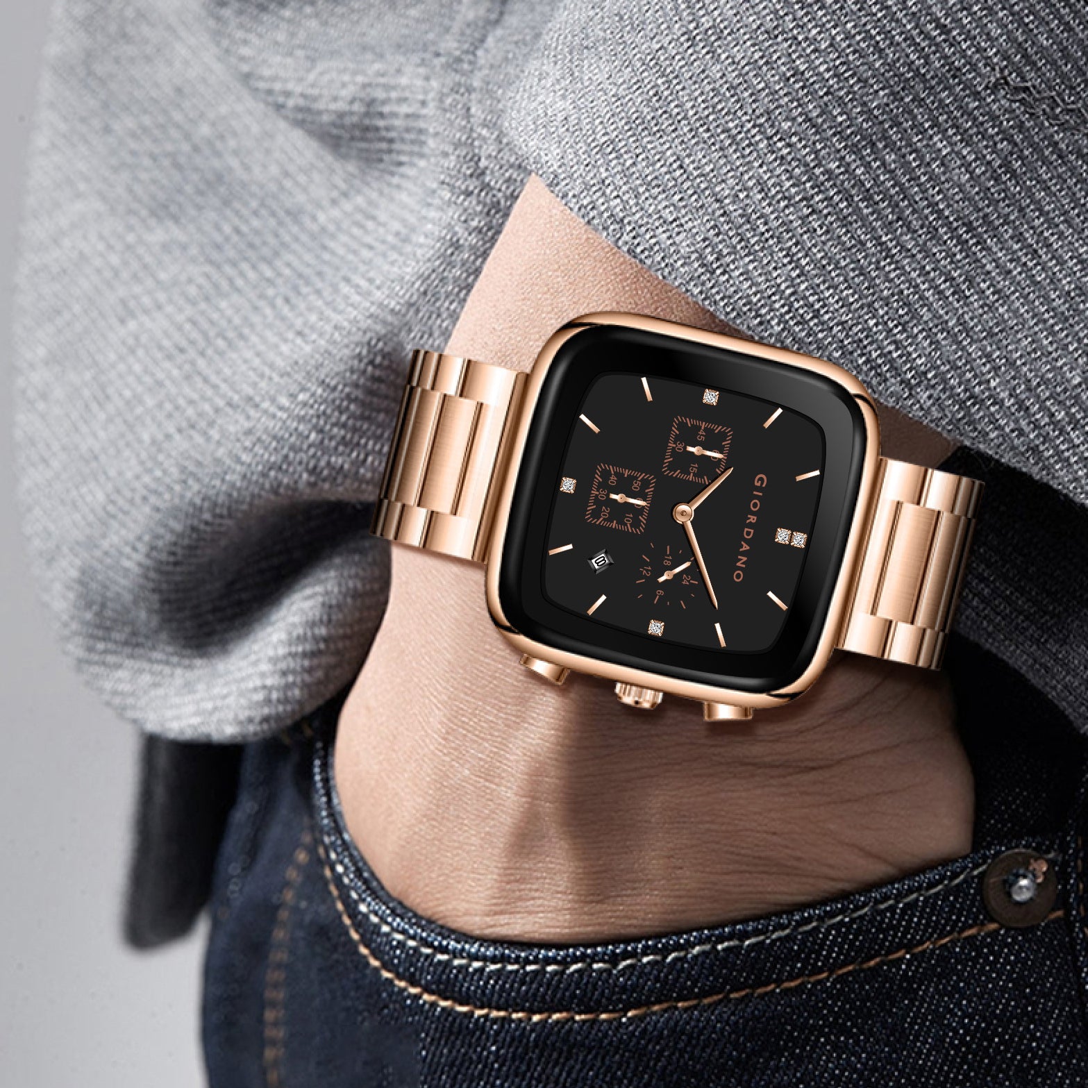 Giordano Square Face Watch for Men – Multifunction Dial with Date Display, Sleek Stainless Steel Strap, Modern Design for Everyday Elegance | GZ-50162-55