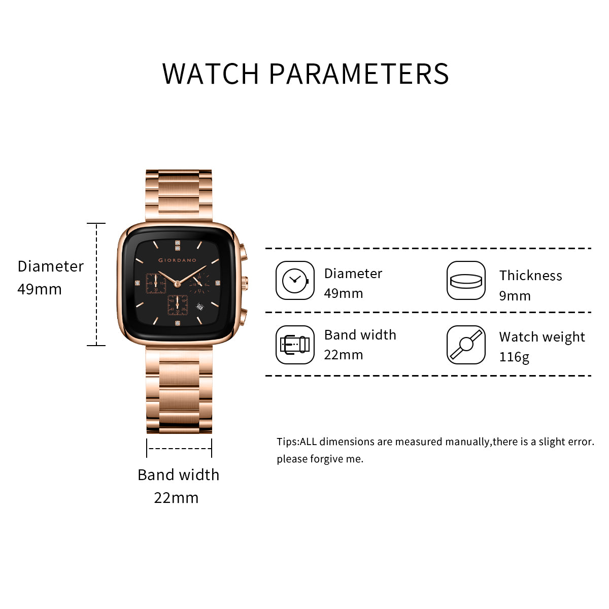 Giordano Square Face Watch for Men – Multifunction Dial with Date Display, Sleek Stainless Steel Strap, Modern Design for Everyday Elegance | GZ-50162-55