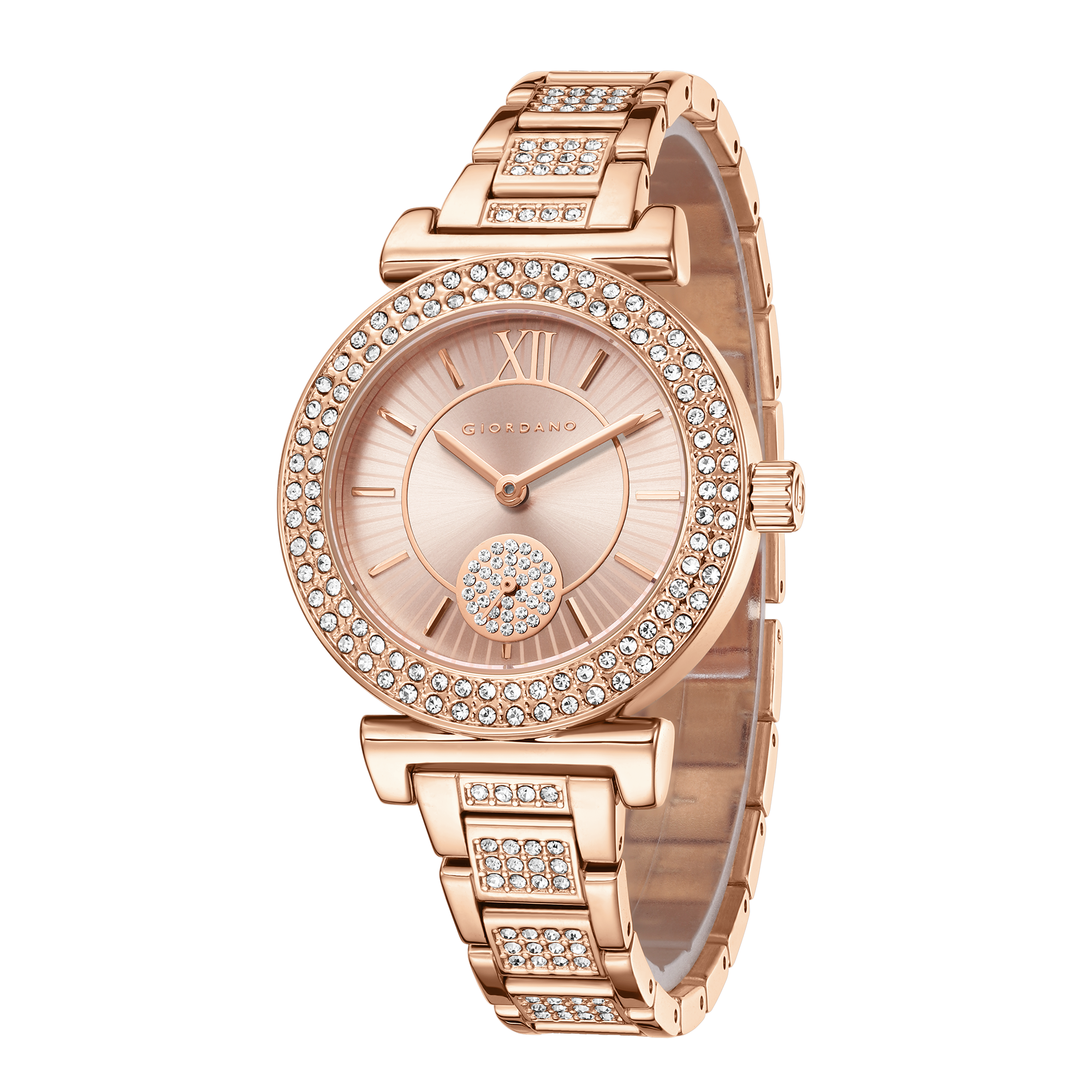 Giordano Luxury Analog Watch for Women - Elegant Crystal Design with sub dial and Diamond Studed statinless Steel Strap | GZ-60086-11