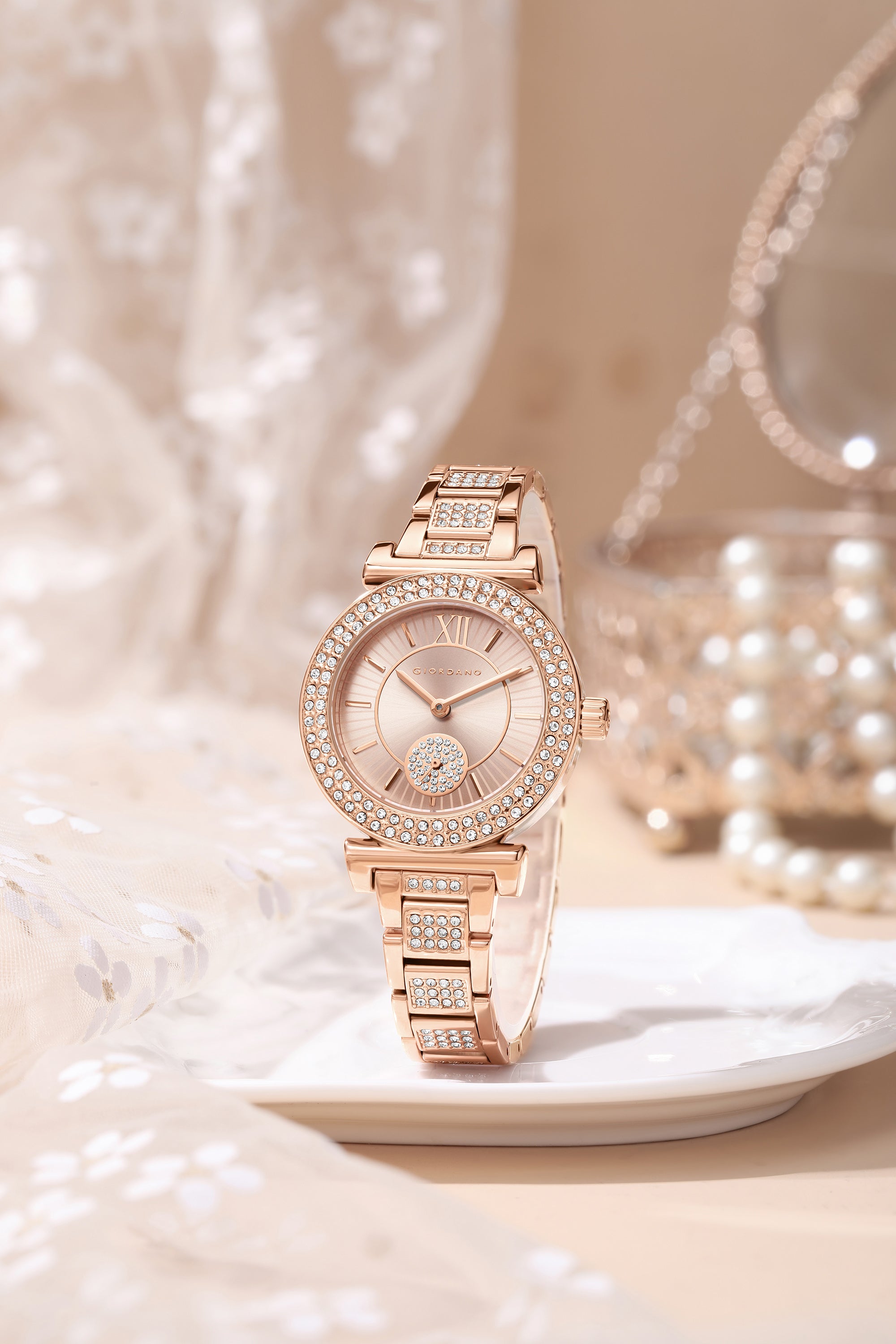 Giordano Luxury Analog Watch for Women - Elegant Crystal Design with sub dial and Diamond Studed statinless Steel Strap | GZ-60086-11