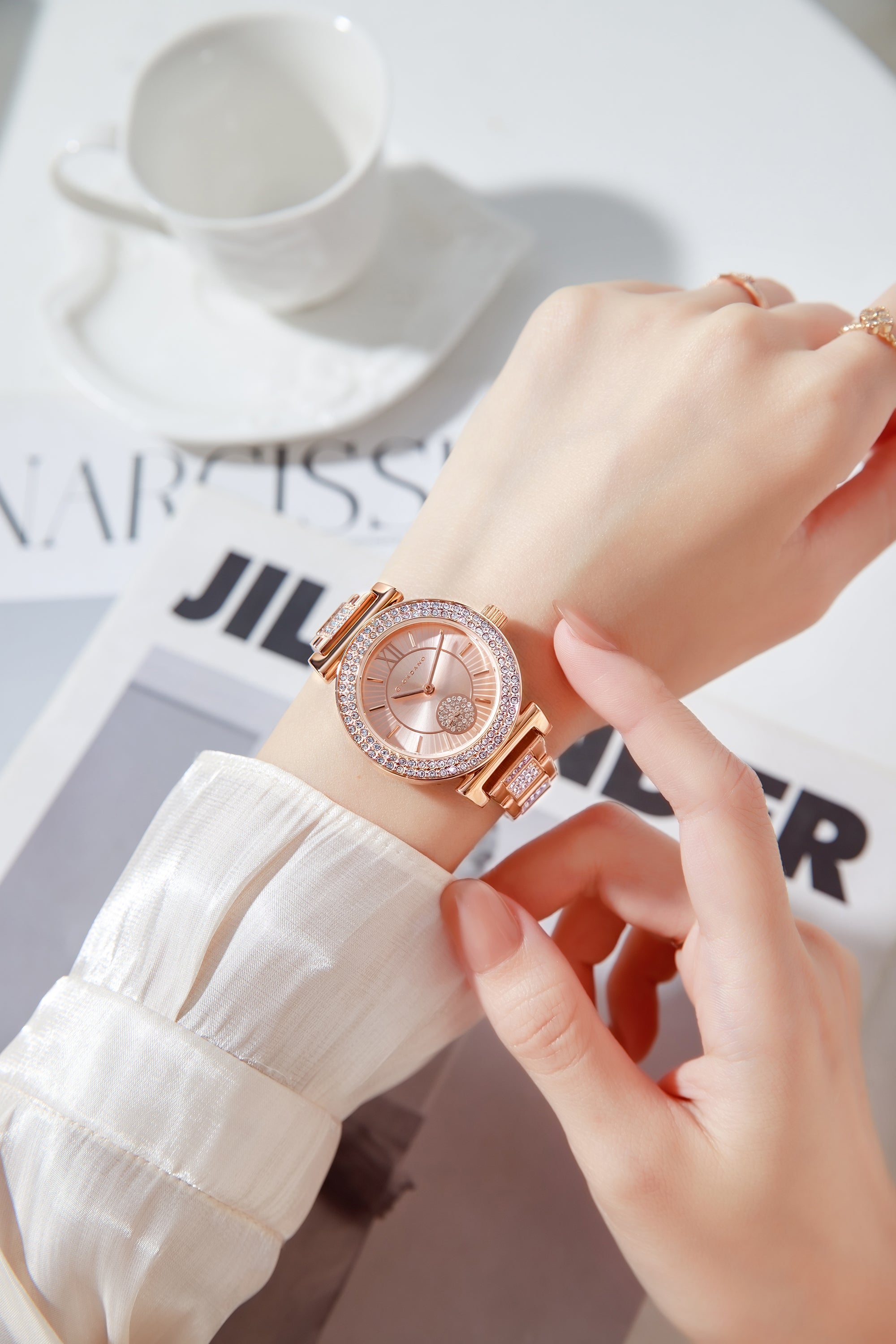 Giordano Luxury Analog Watch for Women - Elegant Crystal Design with sub dial and Diamond Studed statinless Steel Strap | GZ-60086-11