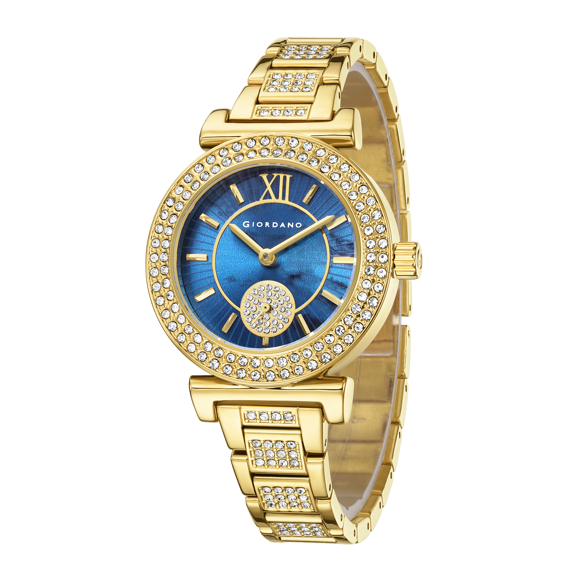 Giordano Luxury Analog Watch for Women - Elegant Crystal Design with sub dial and Diamond Studed statinless Steel Strap | GZ-60086-22