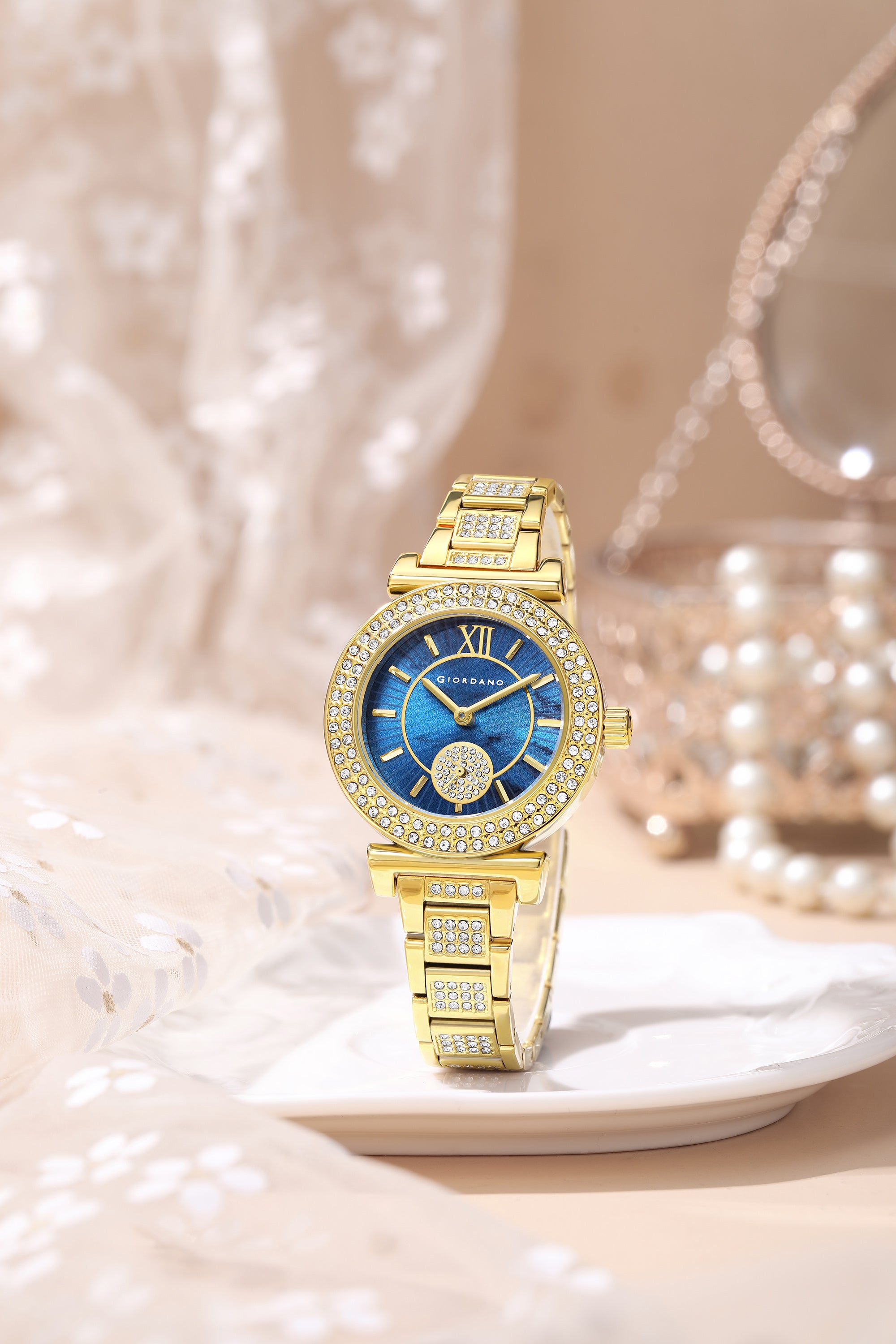 Giordano Luxury Analog Watch for Women - Elegant Crystal Design with sub dial and Diamond Studed statinless Steel Strap | GZ-60086-22