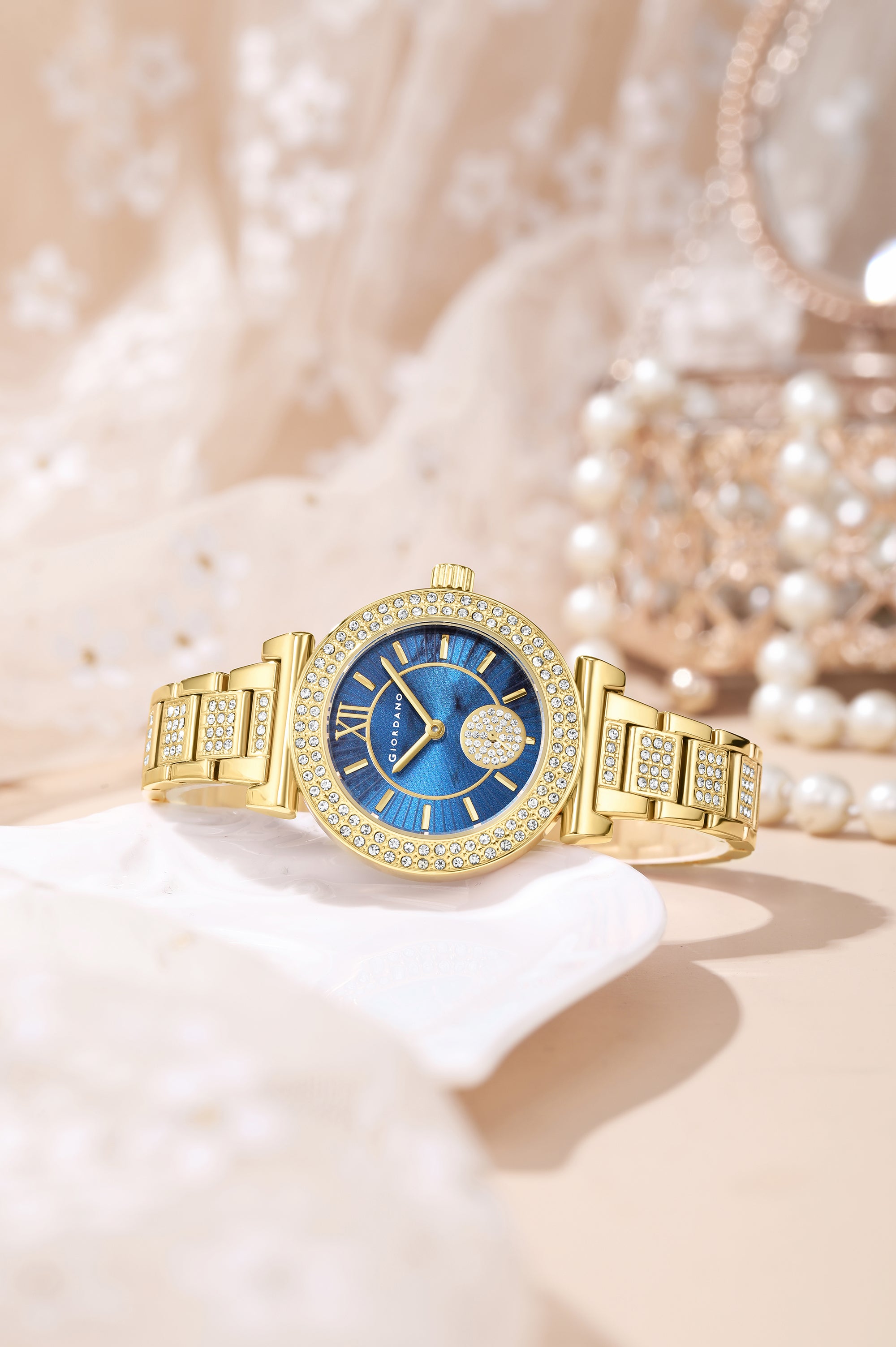 Giordano Luxury Analog Watch for Women - Elegant Crystal Design with sub dial and Diamond Studed statinless Steel Strap | GZ-60086-22