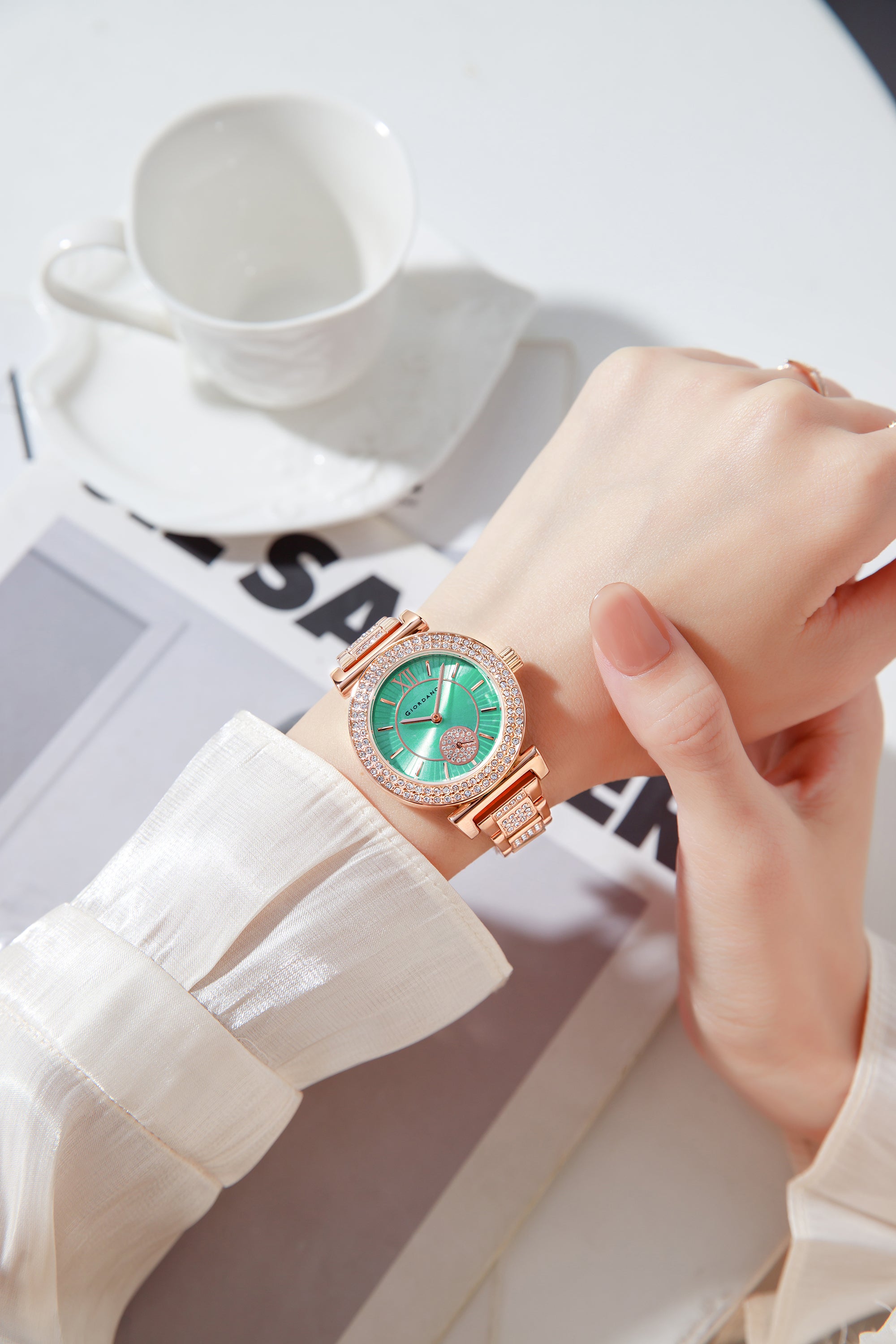 Giordano Luxury Analog Watch for Women - Elegant Crystal Design with sub dial and Diamond Studed statinless Steel Strap | GZ-60086-33