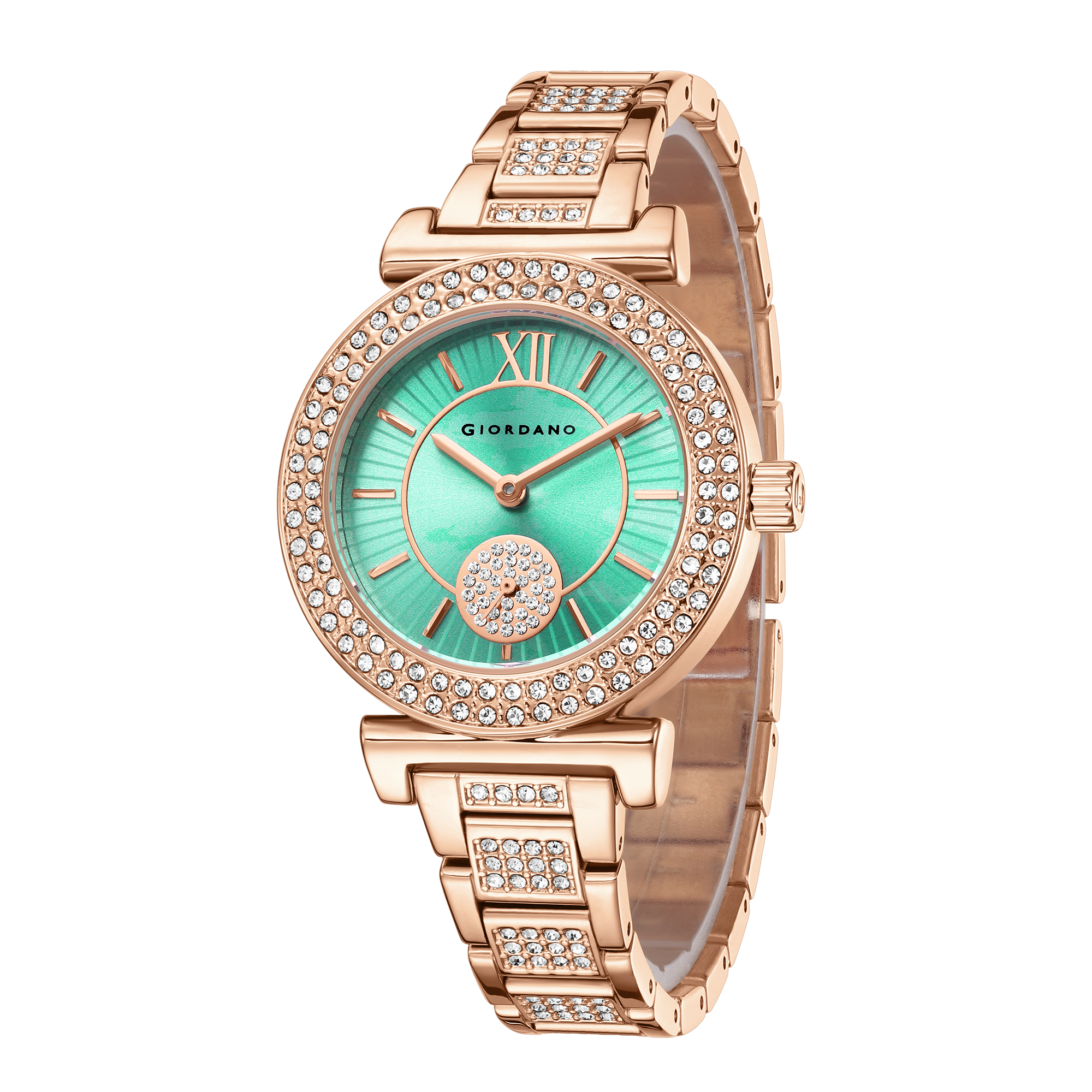 Giordano Luxury Analog Watch for Women - Elegant Crystal Design with sub dial and Diamond Studed statinless Steel Strap | GZ-60086-33