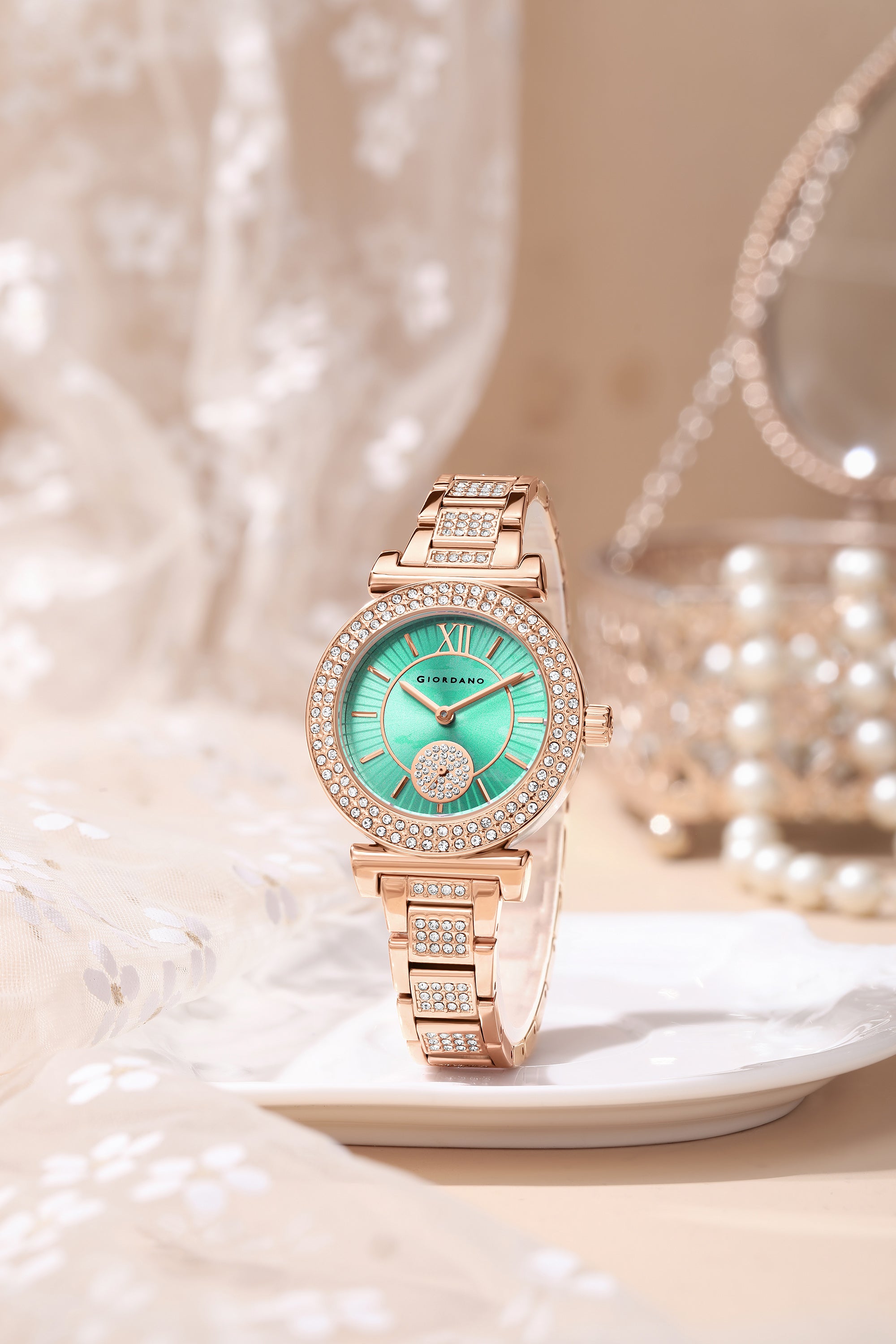 Giordano Luxury Analog Watch for Women - Elegant Crystal Design with sub dial and Diamond Studed statinless Steel Strap | GZ-60086-33