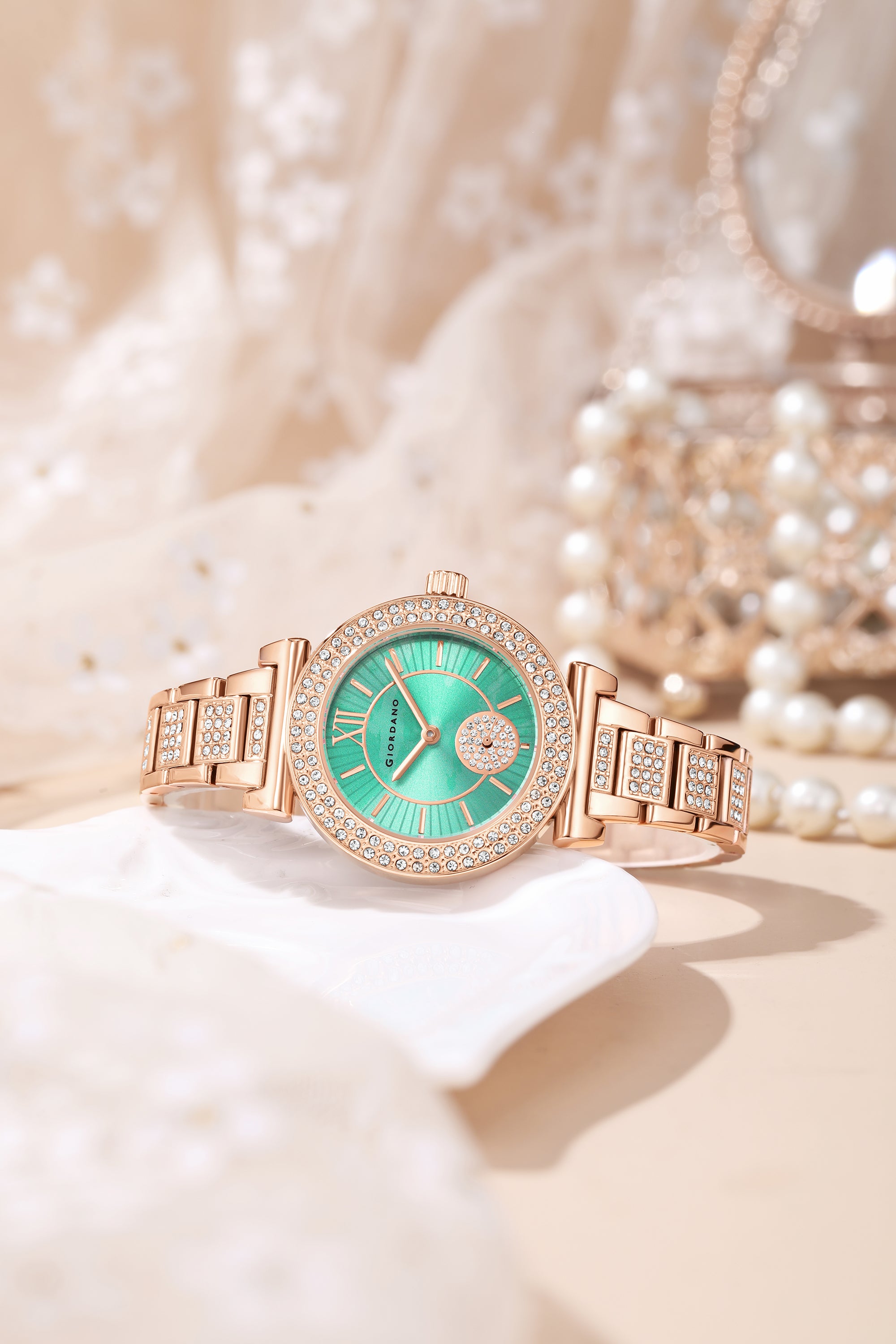 Giordano Luxury Analog Watch for Women - Elegant Crystal Design with sub dial and Diamond Studed statinless Steel Strap | GZ-60086-33