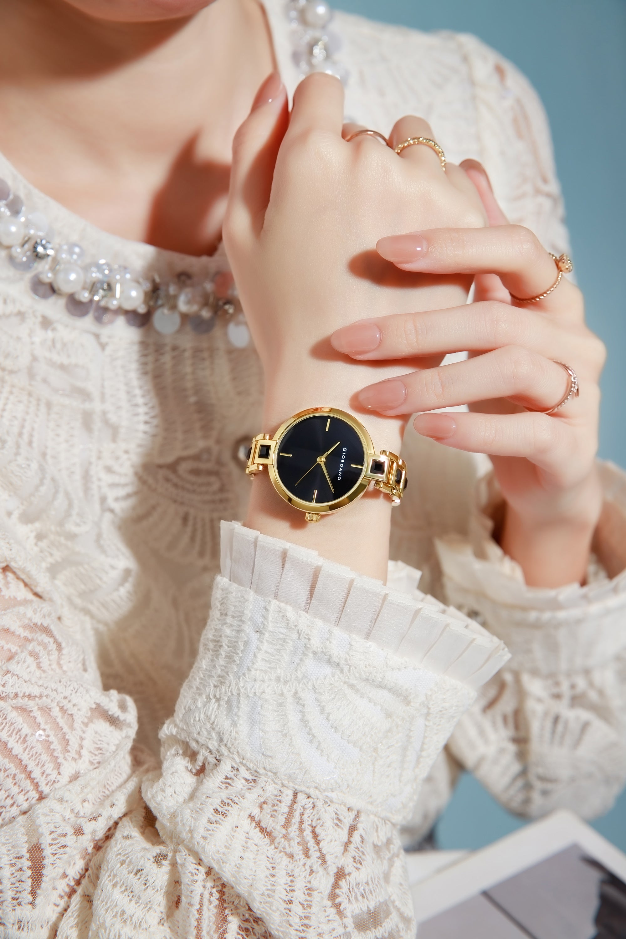 Giordano Luxury Watch for Women – Sleek Dial with Gold Accents and Two-Tone Stone Studded Stainless Steel Strap | GZ-60088-11