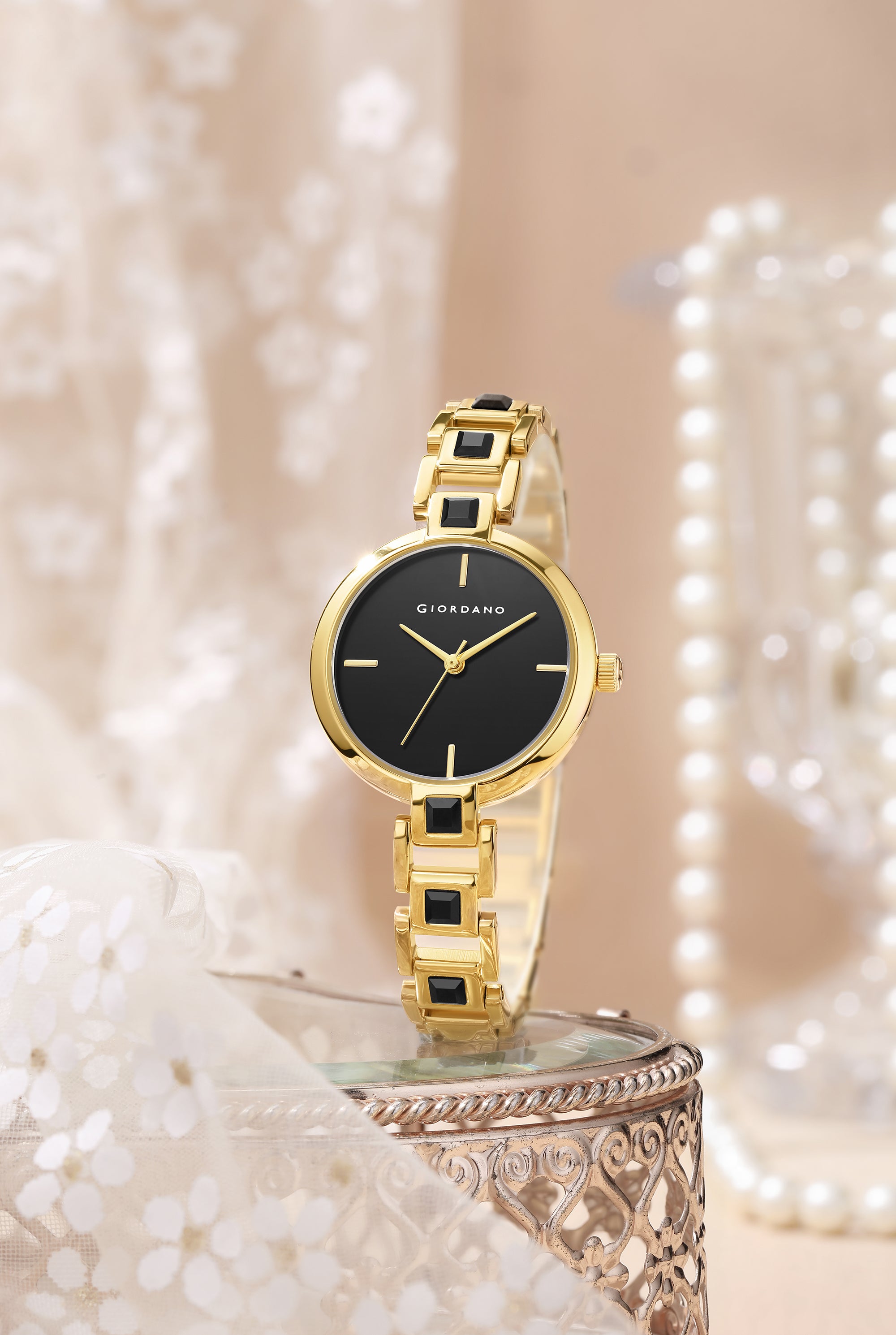Giordano Luxury Watch for Women – Sleek Dial with Gold Accents and Two-Tone Stone Studded Stainless Steel Strap | GZ-60088-11