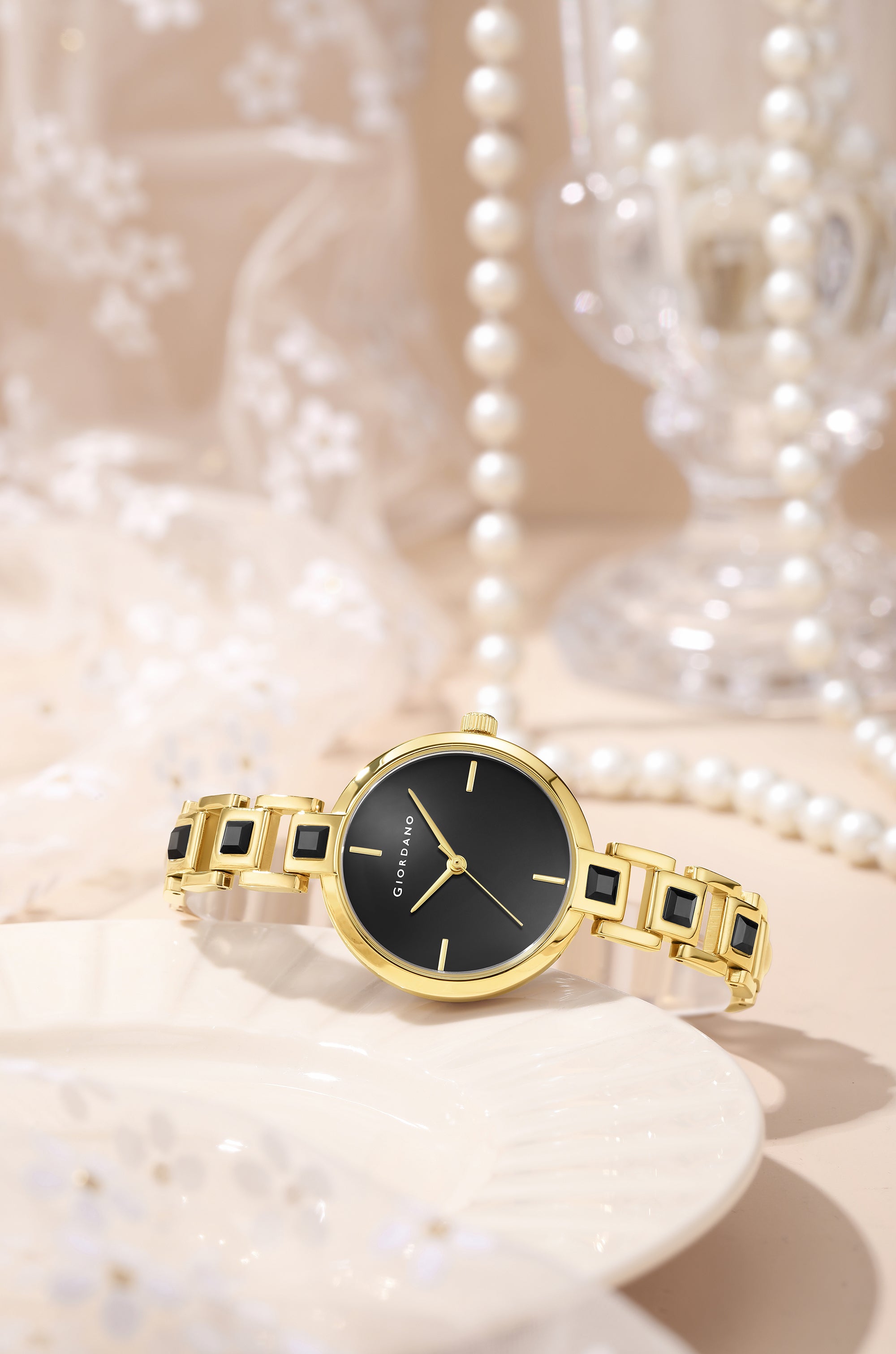 Giordano Luxury Watch for Women – Sleek Dial with Gold Accents and Two-Tone Stone Studded Stainless Steel Strap | GZ-60088-11