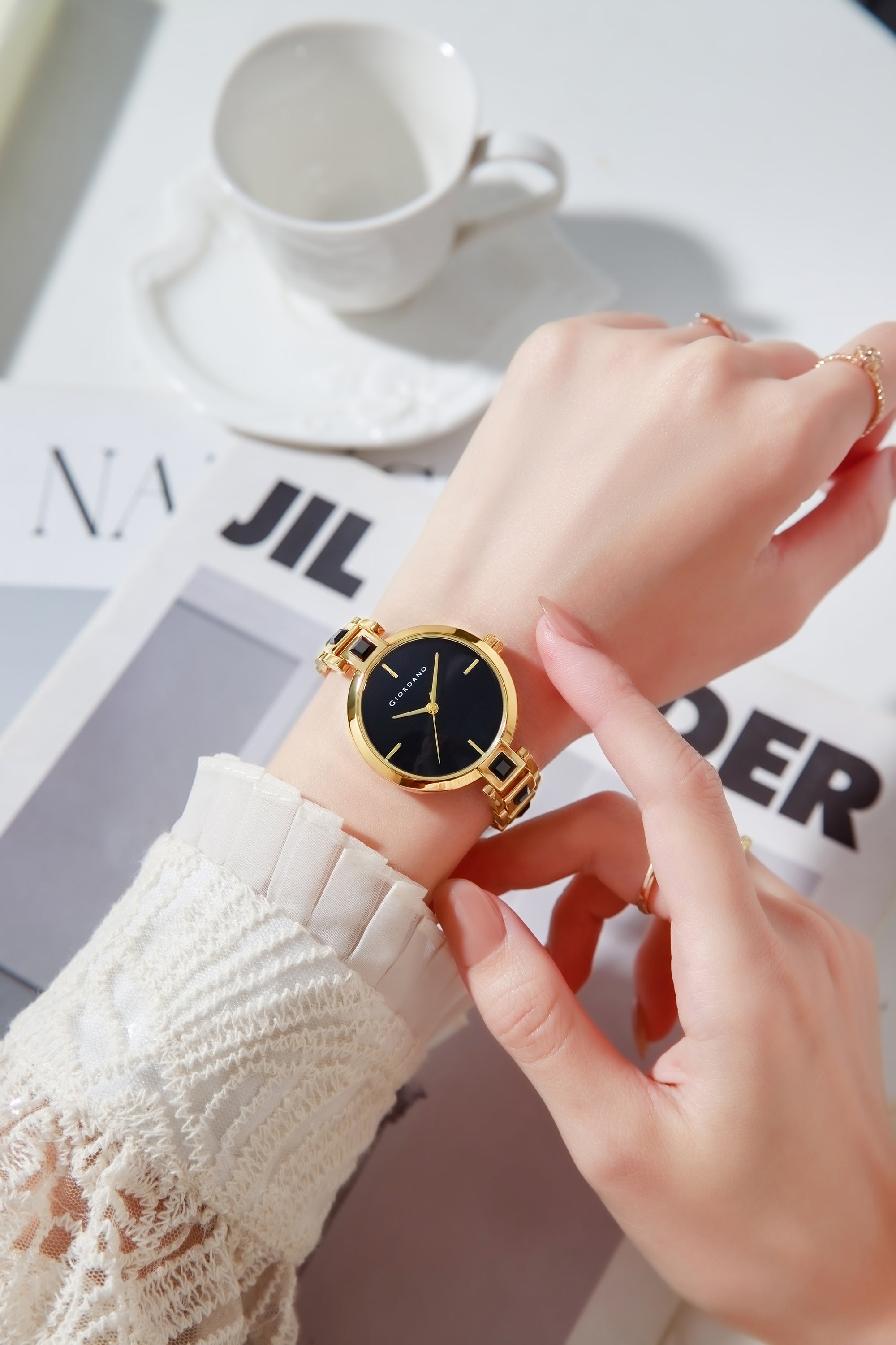 Giordano Luxury Watch for Women – Sleek Dial with Gold Accents and Two-Tone Stone Studded Stainless Steel Strap | GZ-60088-11