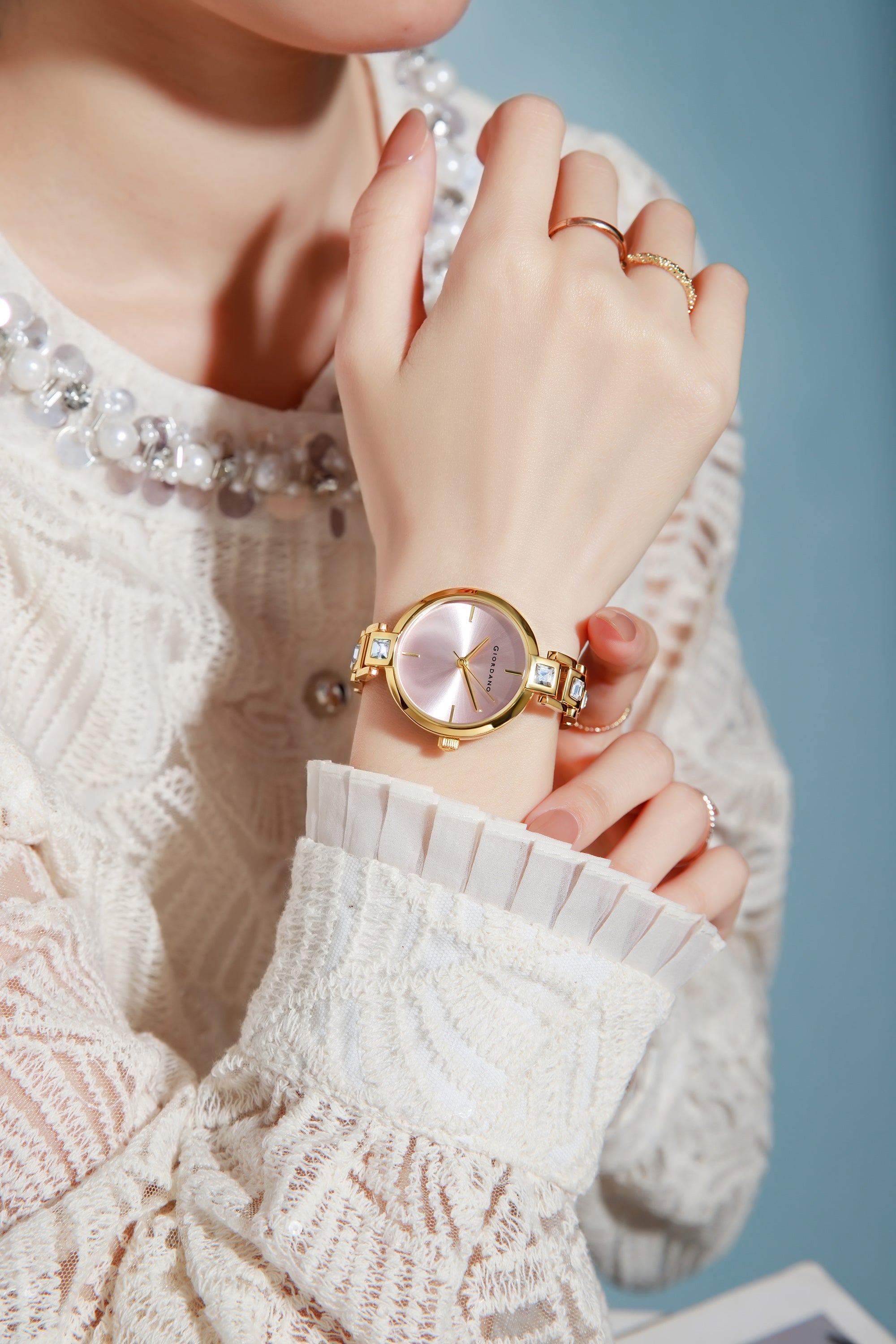 Giordano Luxury Watch for Women – Sleek Dial with Gold Accents and Two-Tone Stone Studded Stainless Steel Strap | GZ-60088-22