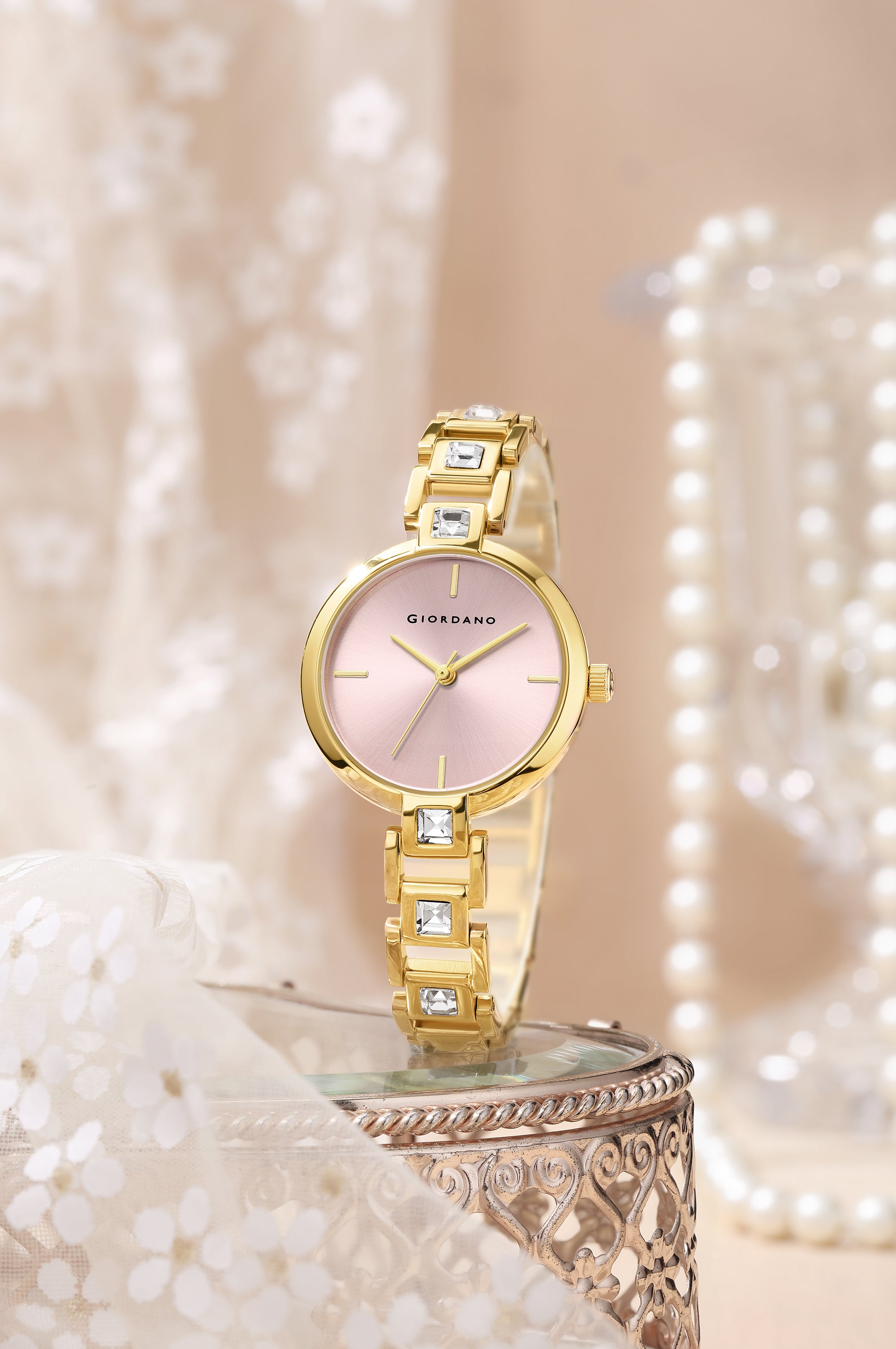 Giordano Luxury Watch for Women – Sleek Dial with Gold Accents and Two-Tone Stone Studded Stainless Steel Strap | GZ-60088-22