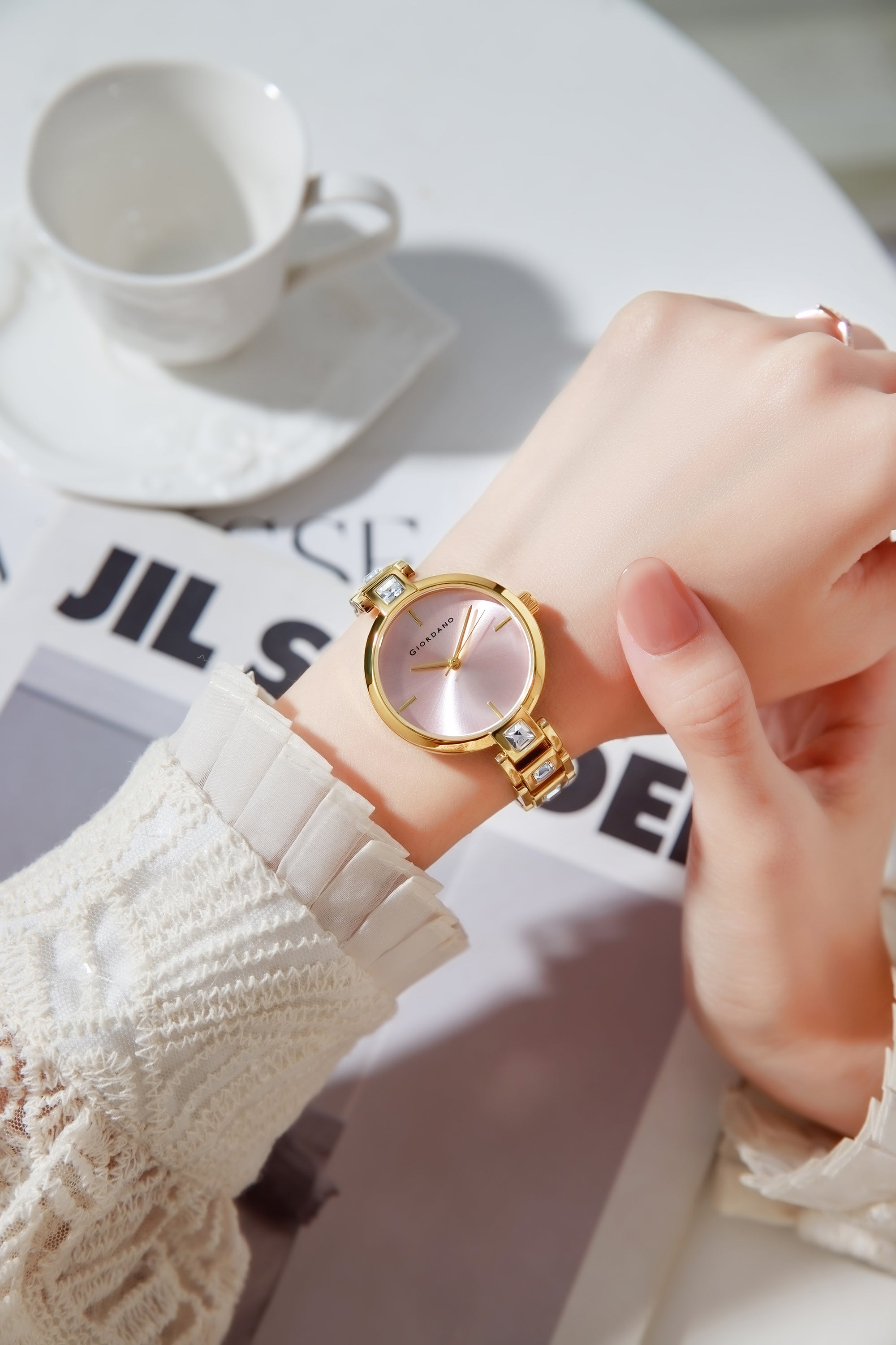 Giordano Luxury Watch for Women – Sleek Dial with Gold Accents and Two-Tone Stone Studded Stainless Steel Strap | GZ-60088-22