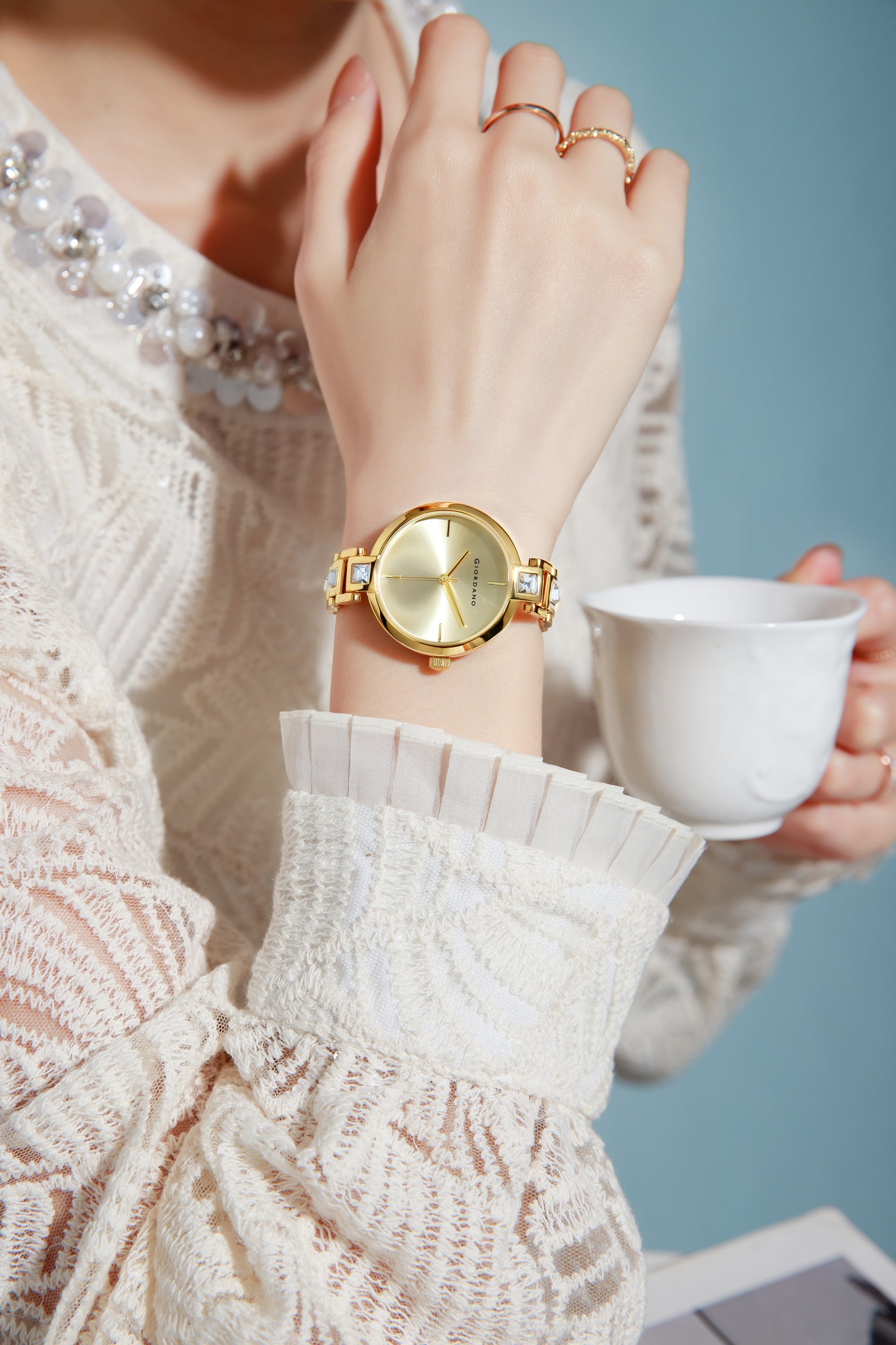 Giordano Luxury Watch for Women – Sleek Dial with Gold Accents and Two-Tone Stone Studded Stainless Steel Strap | GZ-60088-33