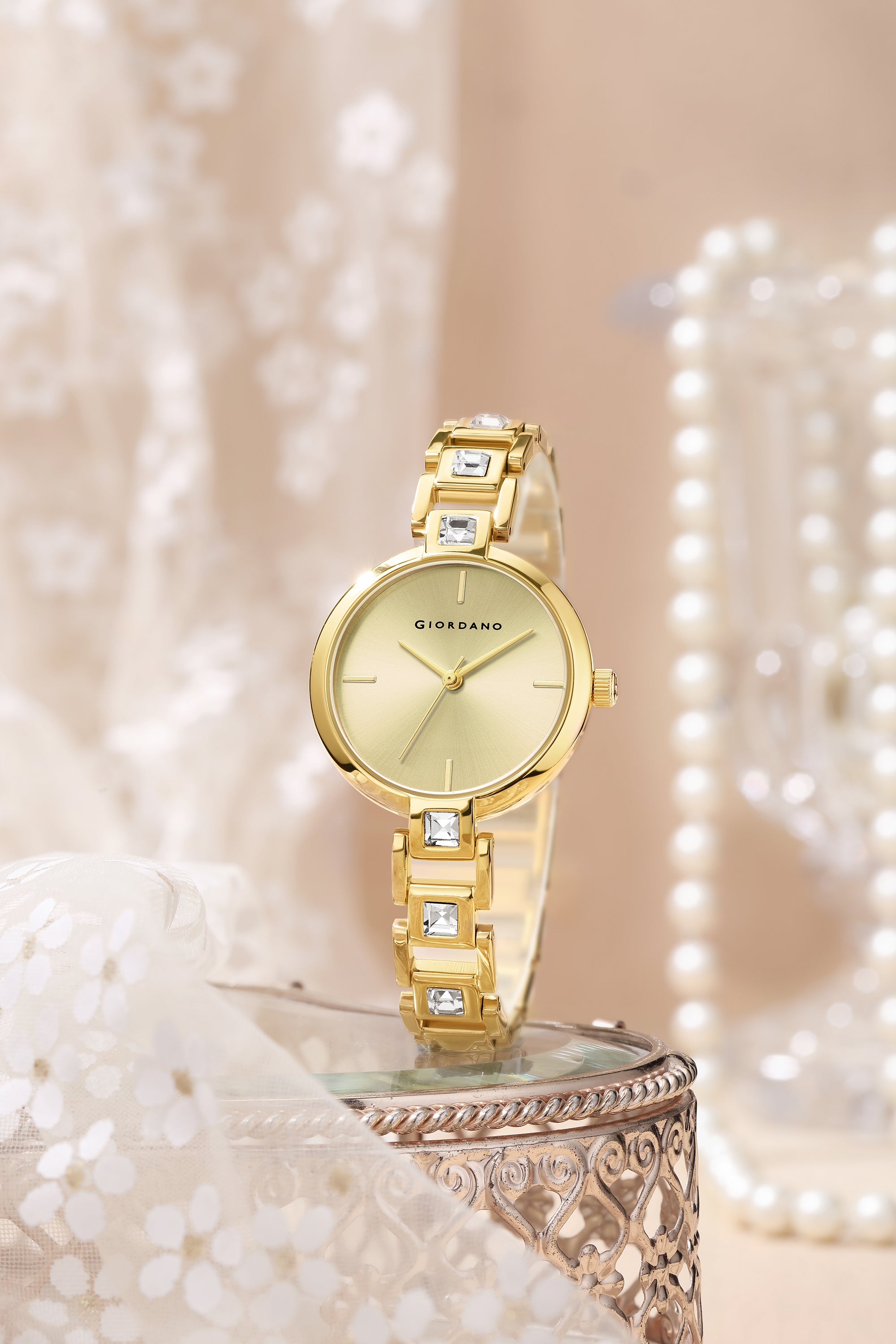 Giordano Luxury Watch for Women – Sleek Dial with Gold Accents and Two-Tone Stone Studded Stainless Steel Strap | GZ-60088-33