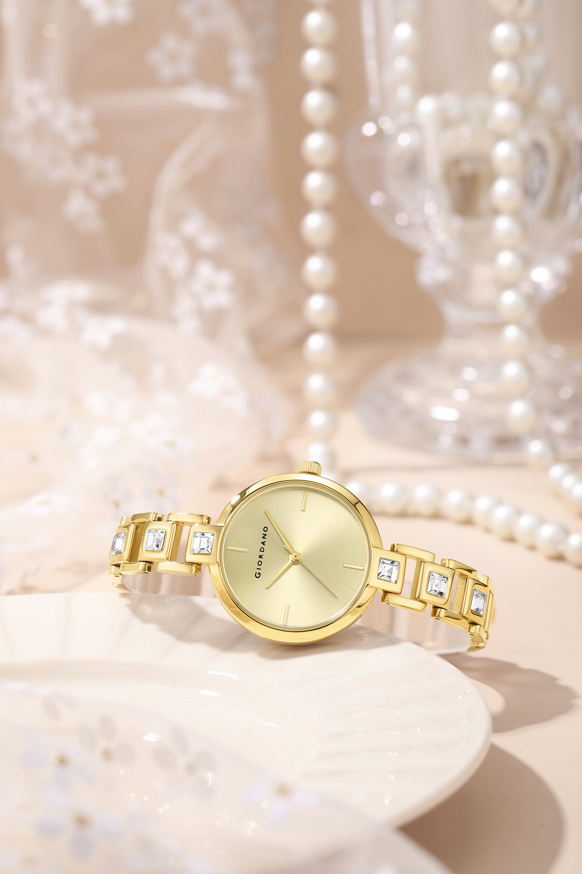 Giordano Luxury Watch for Women – Sleek Dial with Gold Accents and Two-Tone Stone Studded Stainless Steel Strap | GZ-60088-33