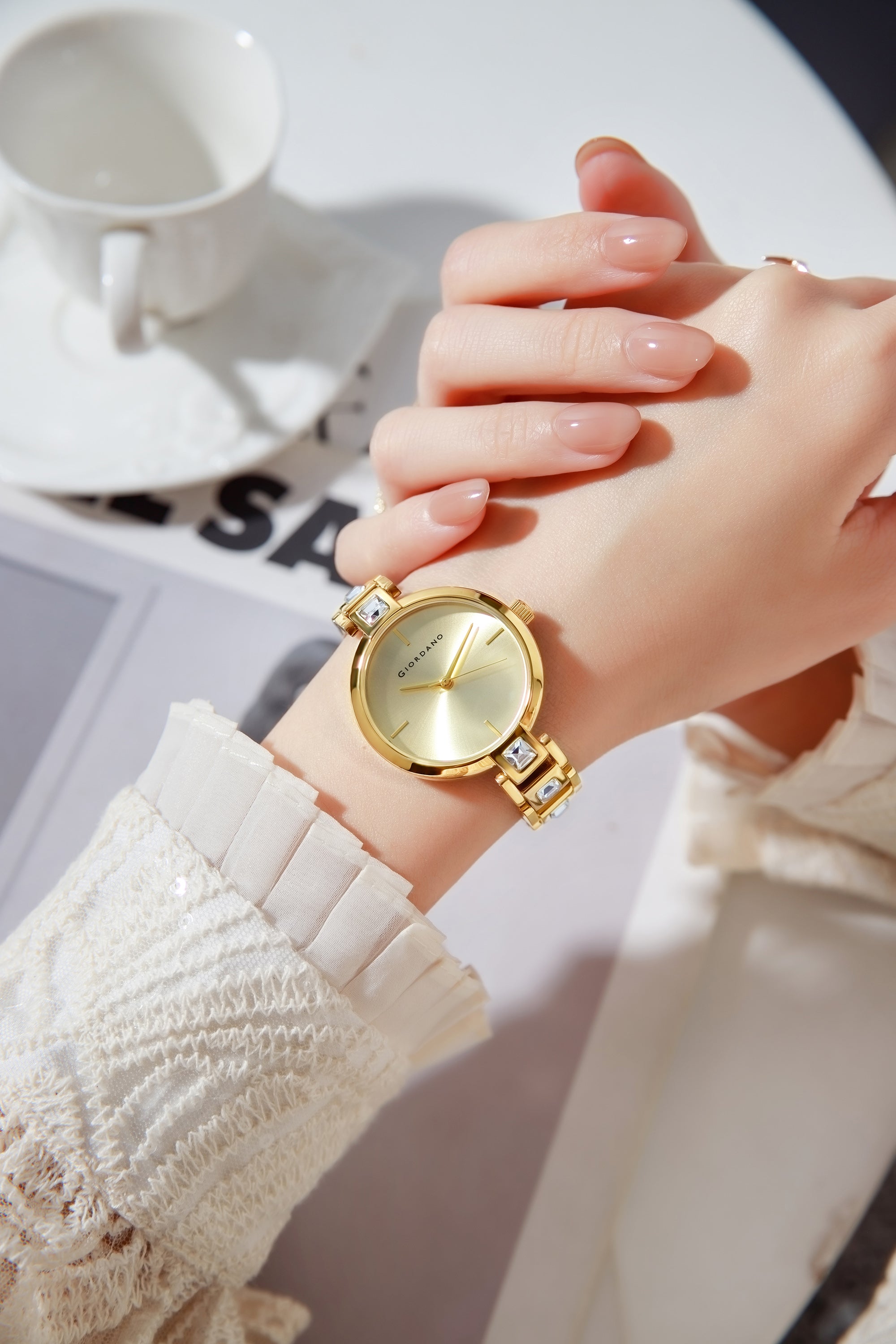 Giordano Luxury Watch for Women – Sleek Dial with Gold Accents and Two-Tone Stone Studded Stainless Steel Strap | GZ-60088-33