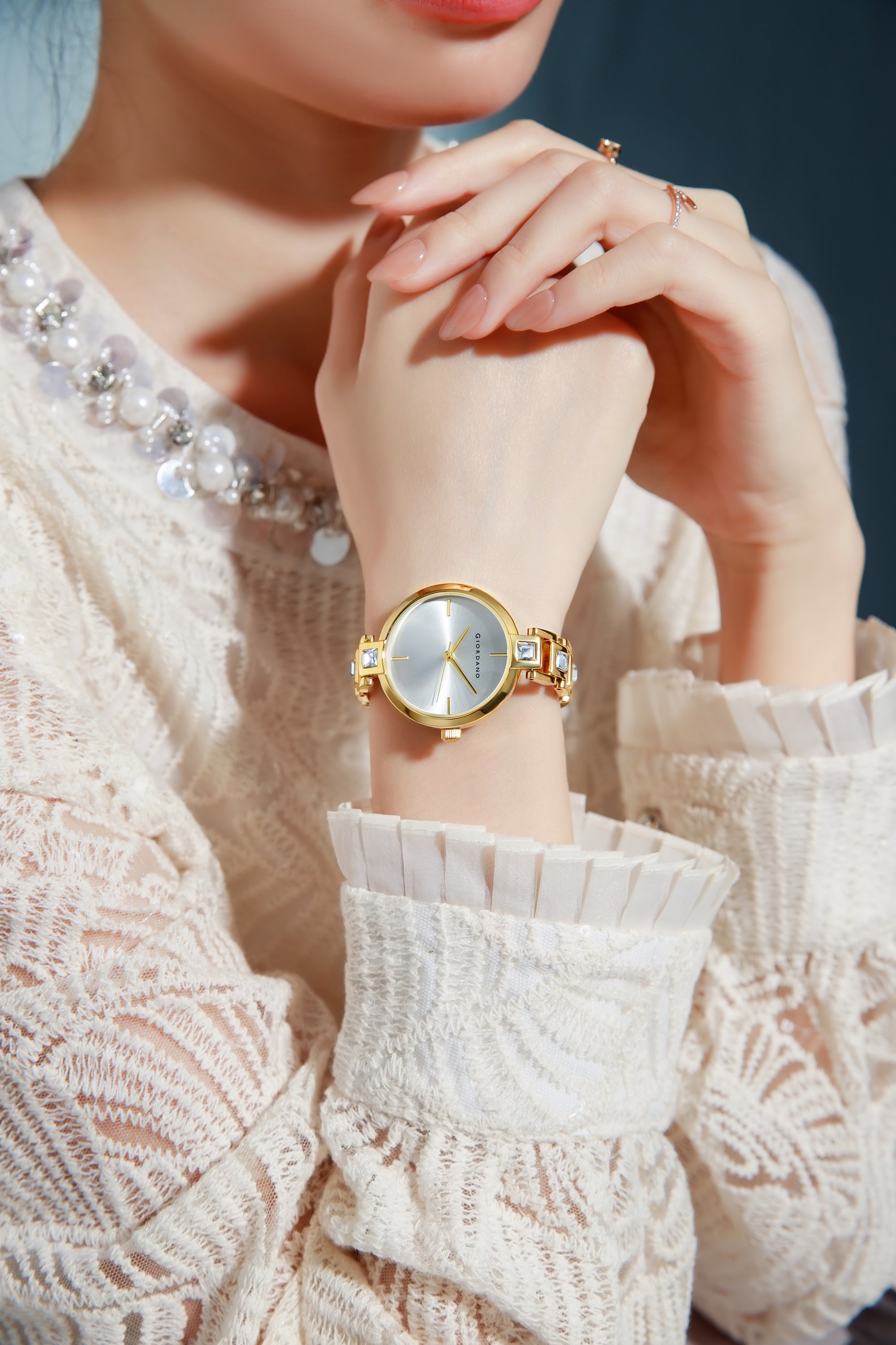 Giordano Luxury Watch for Women – Sleek Dial with Gold Accents and Two-Tone Stone Studded Stainless Steel Strap | GZ-60088-44