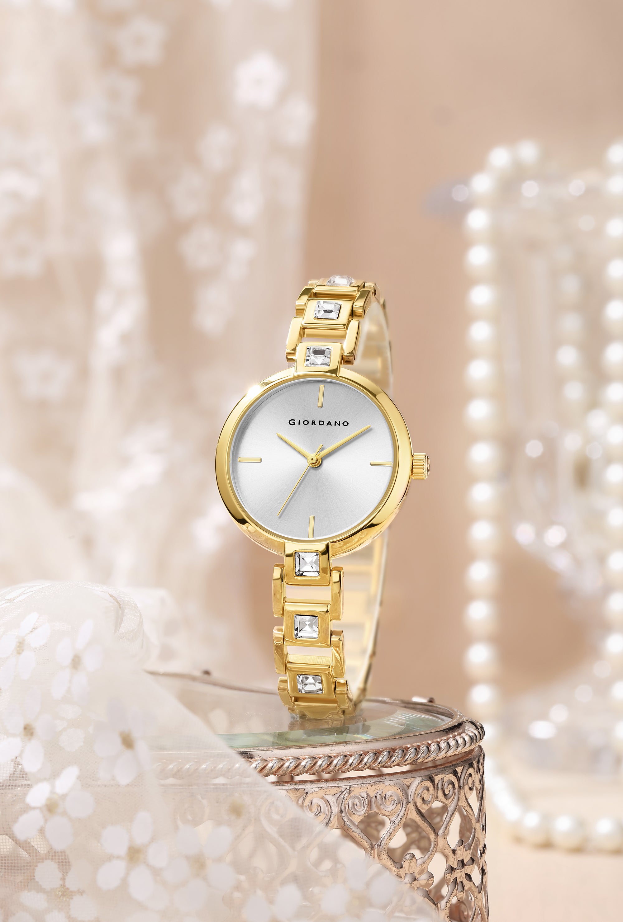 Giordano Luxury Watch for Women – Sleek Dial with Gold Accents and Two-Tone Stone Studded Stainless Steel Strap | GZ-60088-44