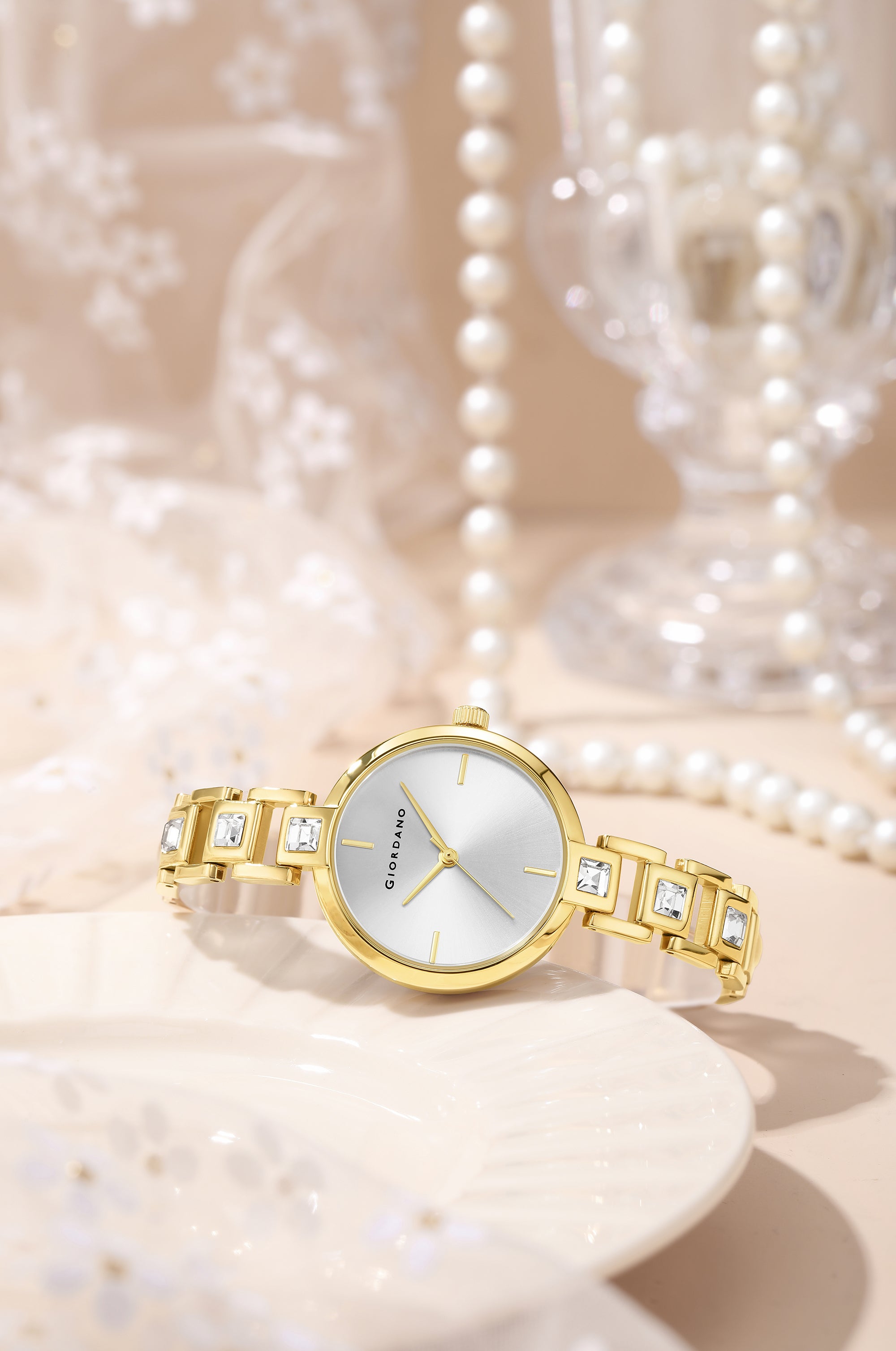 Giordano Luxury Watch for Women – Sleek Dial with Gold Accents and Two-Tone Stone Studded Stainless Steel Strap | GZ-60088-44