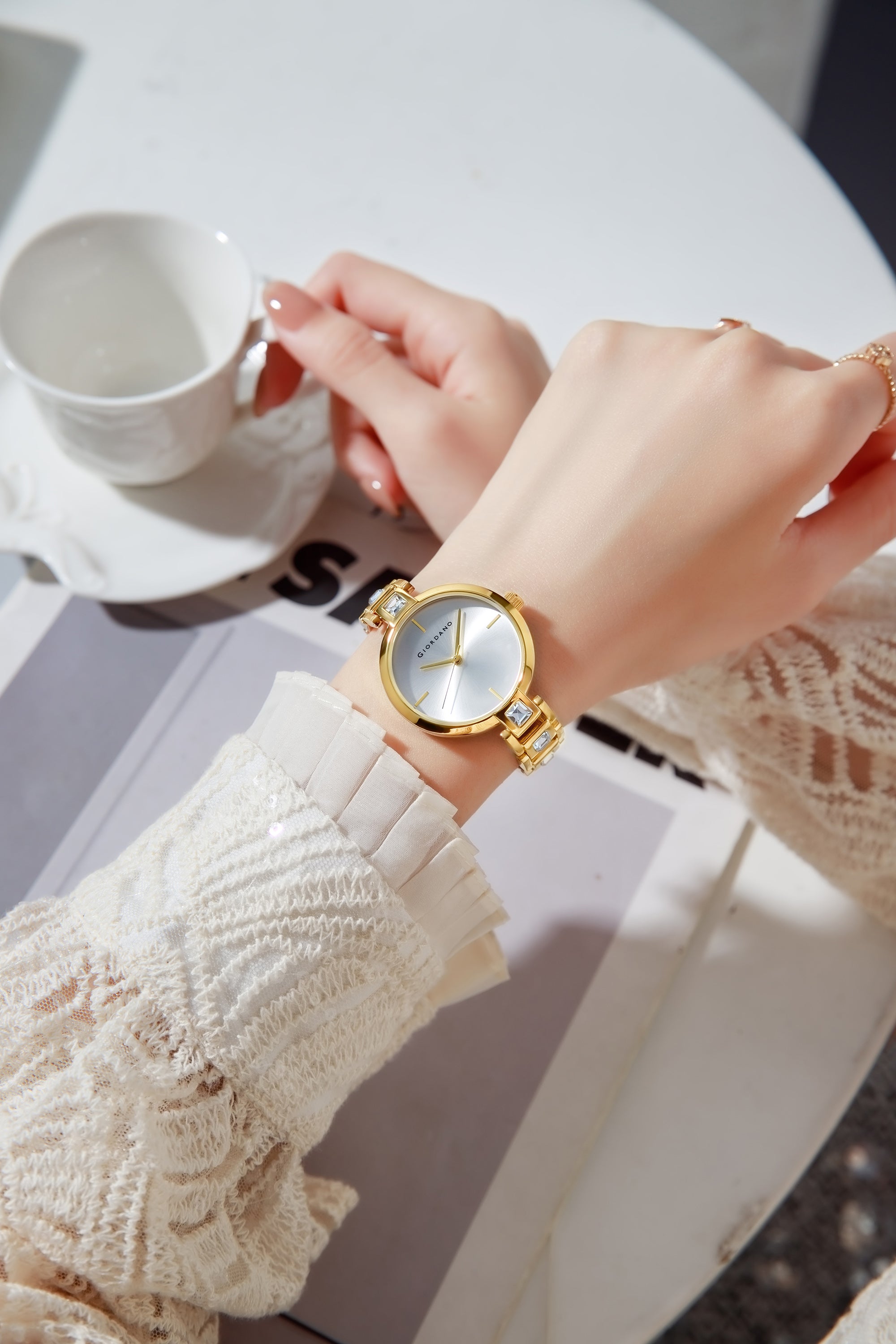 Giordano Luxury Watch for Women – Sleek Dial with Gold Accents and Two-Tone Stone Studded Stainless Steel Strap | GZ-60088-44