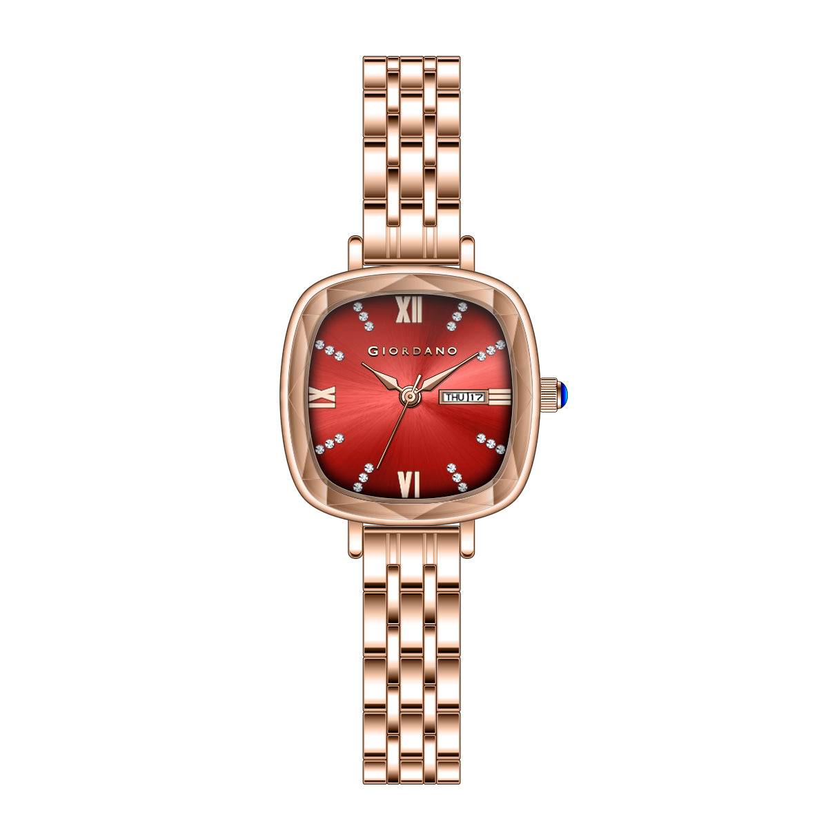 Giordano Elegant Square Watch for Women – Crystal & Roman Hour Markers, Day-Date Display, Stainless Steel Strap | GZ-60097-44