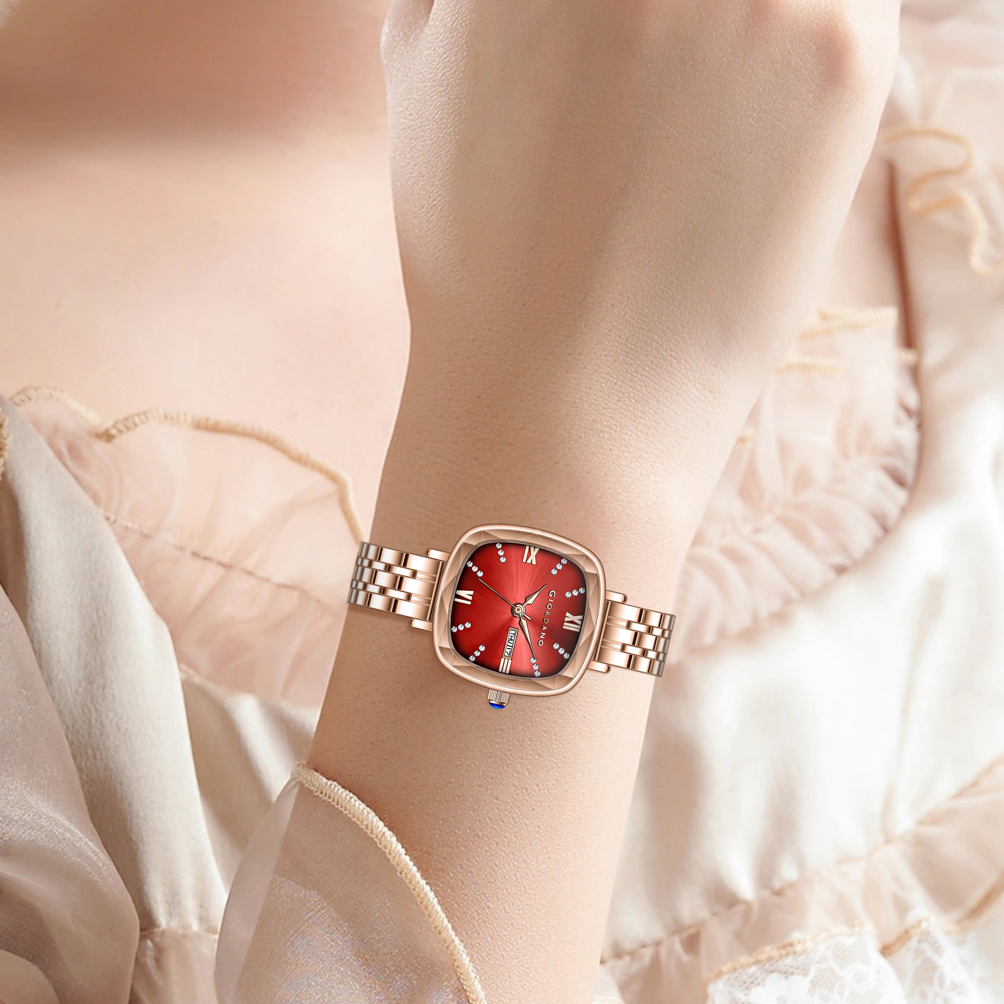 Giordano Elegant Square Watch for Women – Crystal & Roman Hour Markers, Day-Date Display, Stainless Steel Strap | GZ-60097-44