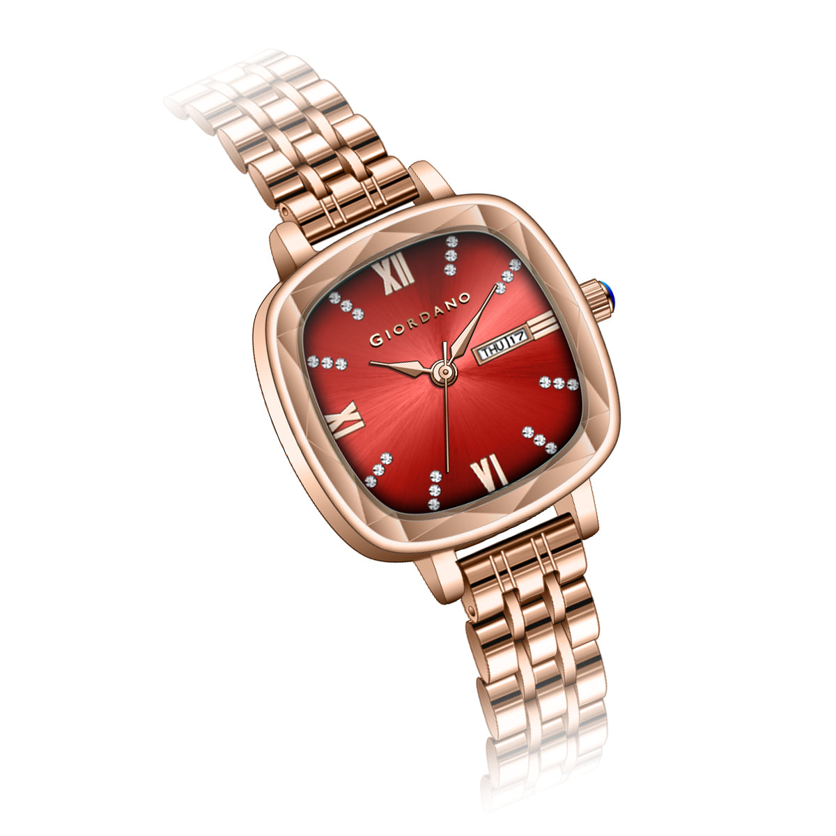 Giordano Elegant Square Watch for Women – Crystal & Roman Hour Markers, Day-Date Display, Stainless Steel Strap | GZ-60097-44