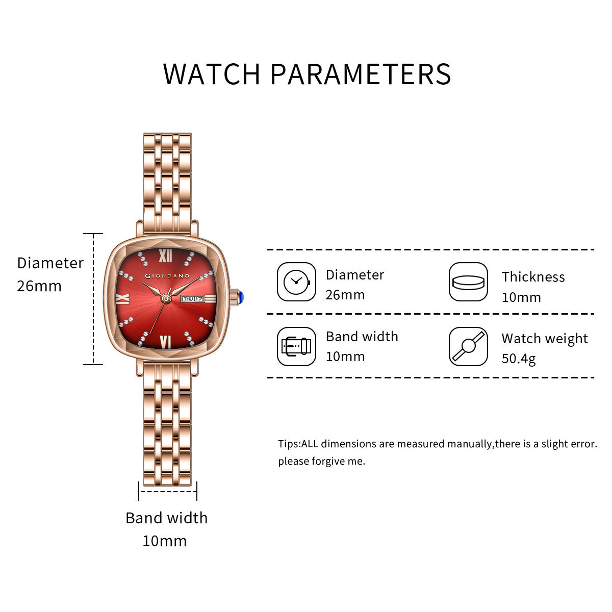 Giordano Elegant Square Watch for Women – Crystal & Roman Hour Markers, Day-Date Display, Stainless Steel Strap | GZ-60097-44